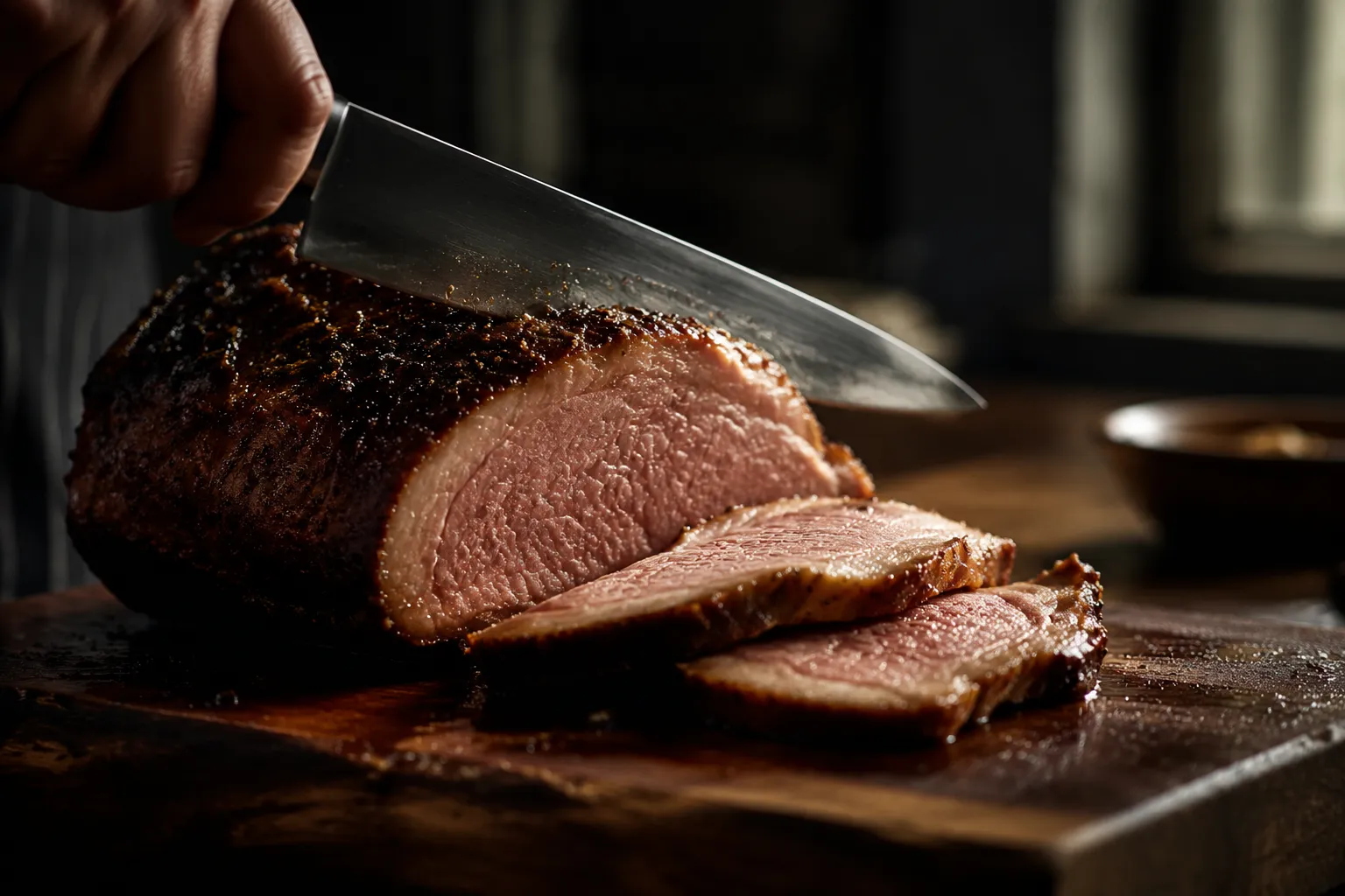Slicing pork roast against the grain for the juiciest tender pieces