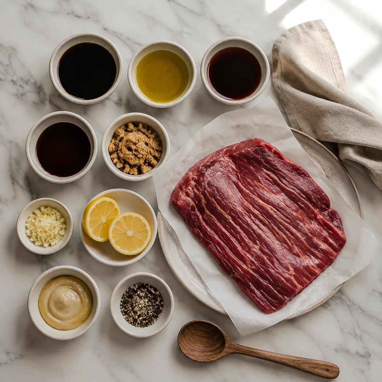 Steak marinade ingredients flatlay with soy sauce, garlic, and balsamic vinegar
