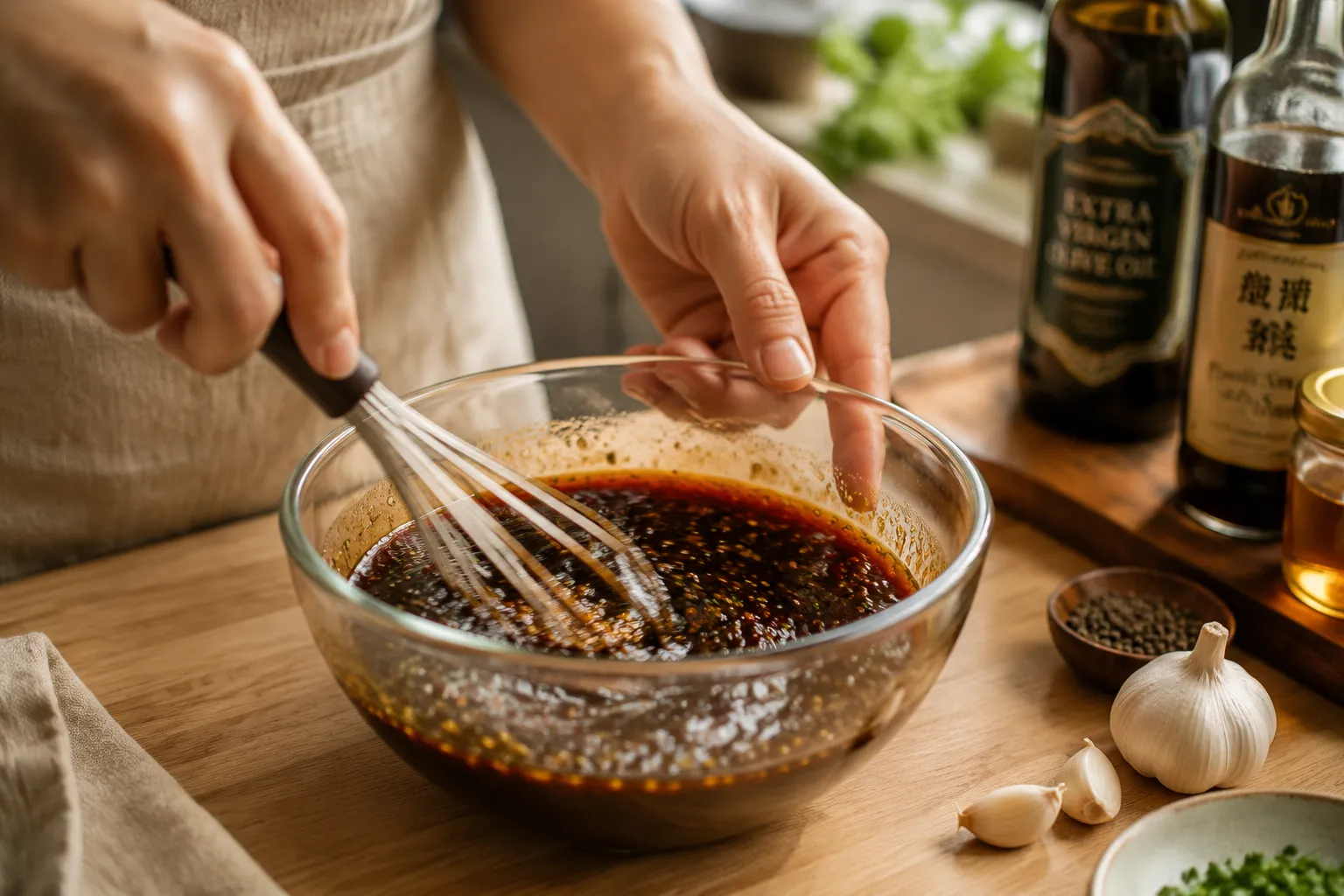 Whisking easy steak marinade in a glass bowl