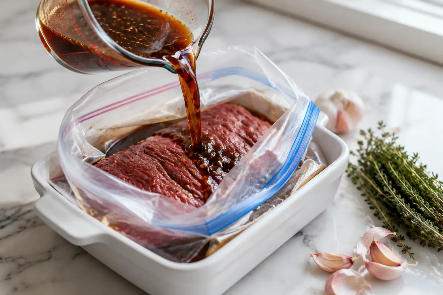 Pouring marinade for steak over raw flank steak in a zip-top bag