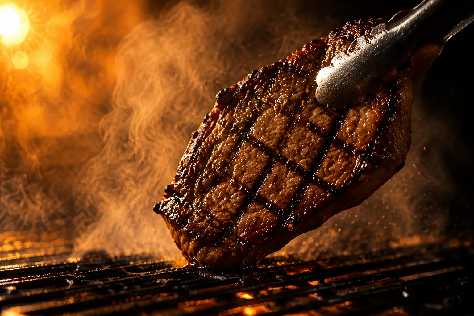 Marinated steak searing on the grill with char marks