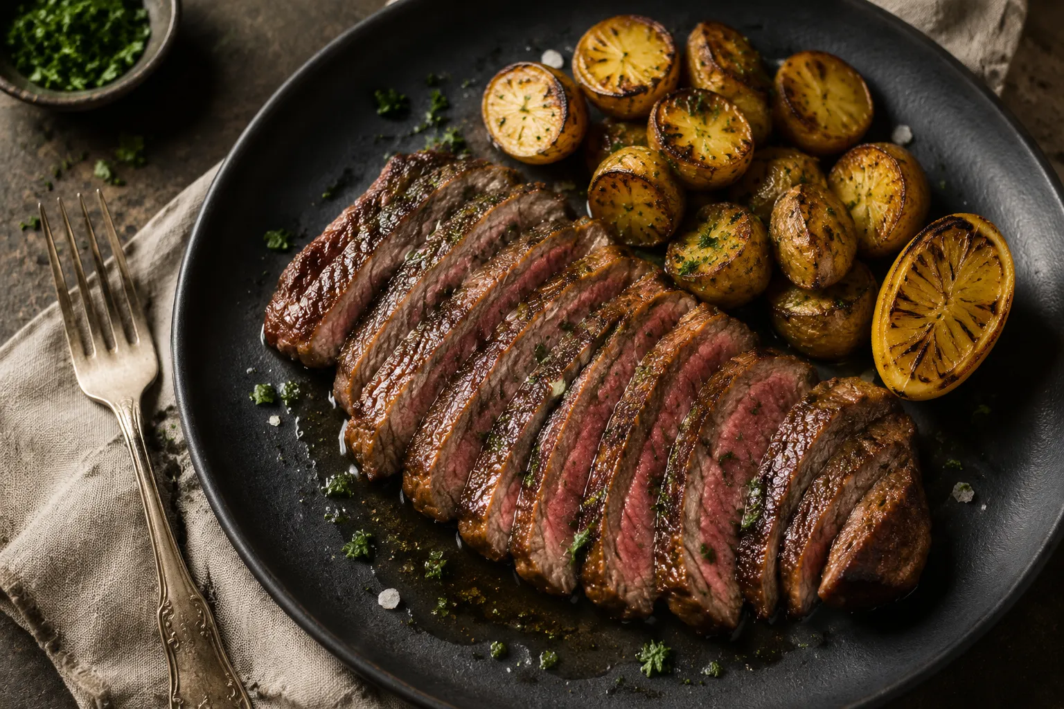Best steak marinade recipe served sliced with potatoes and herbs