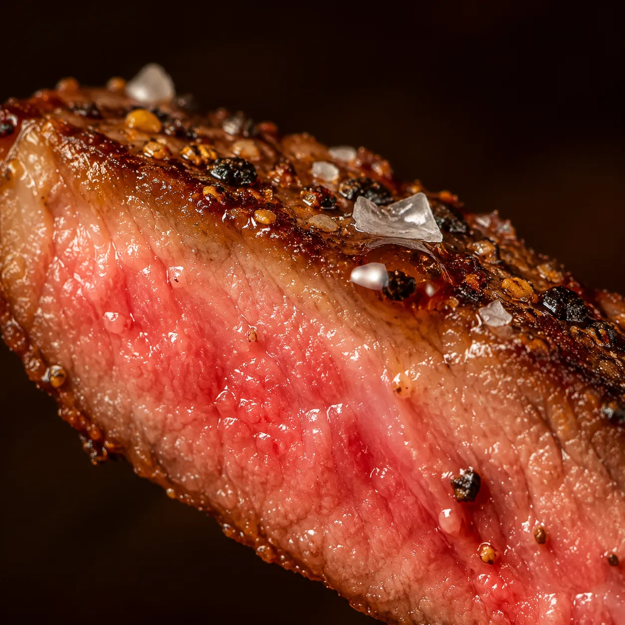 Close-up of juicy marinated steak slice with caramelized crust