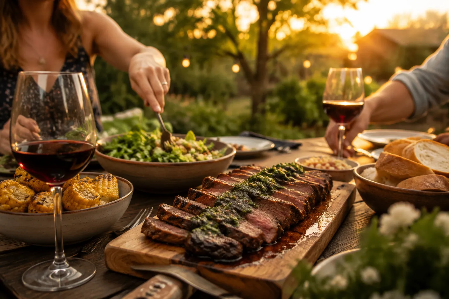 Marinated steak served family-style for a summer cookout