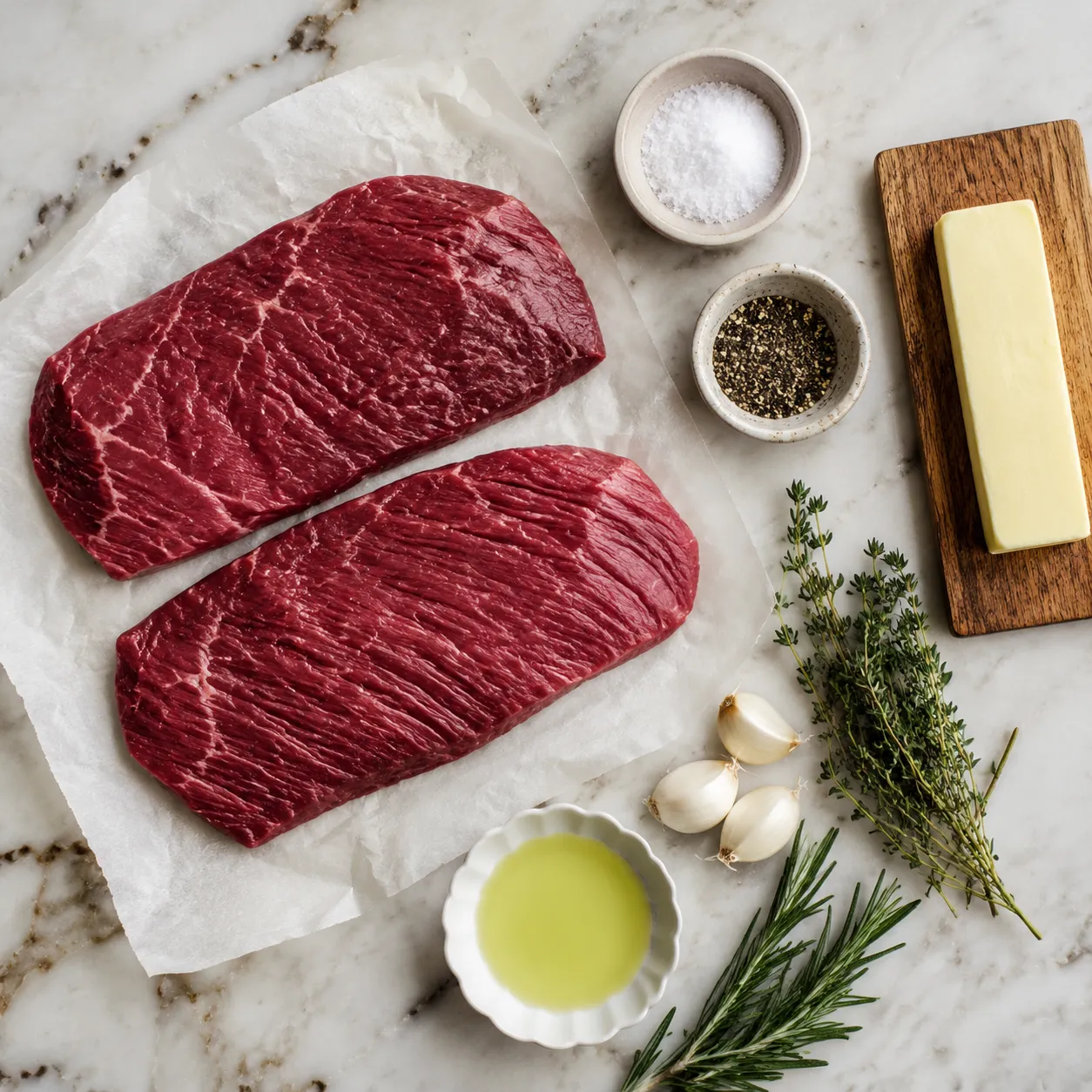 Flat iron steak recipe ingredients laid out on a marble countertop
