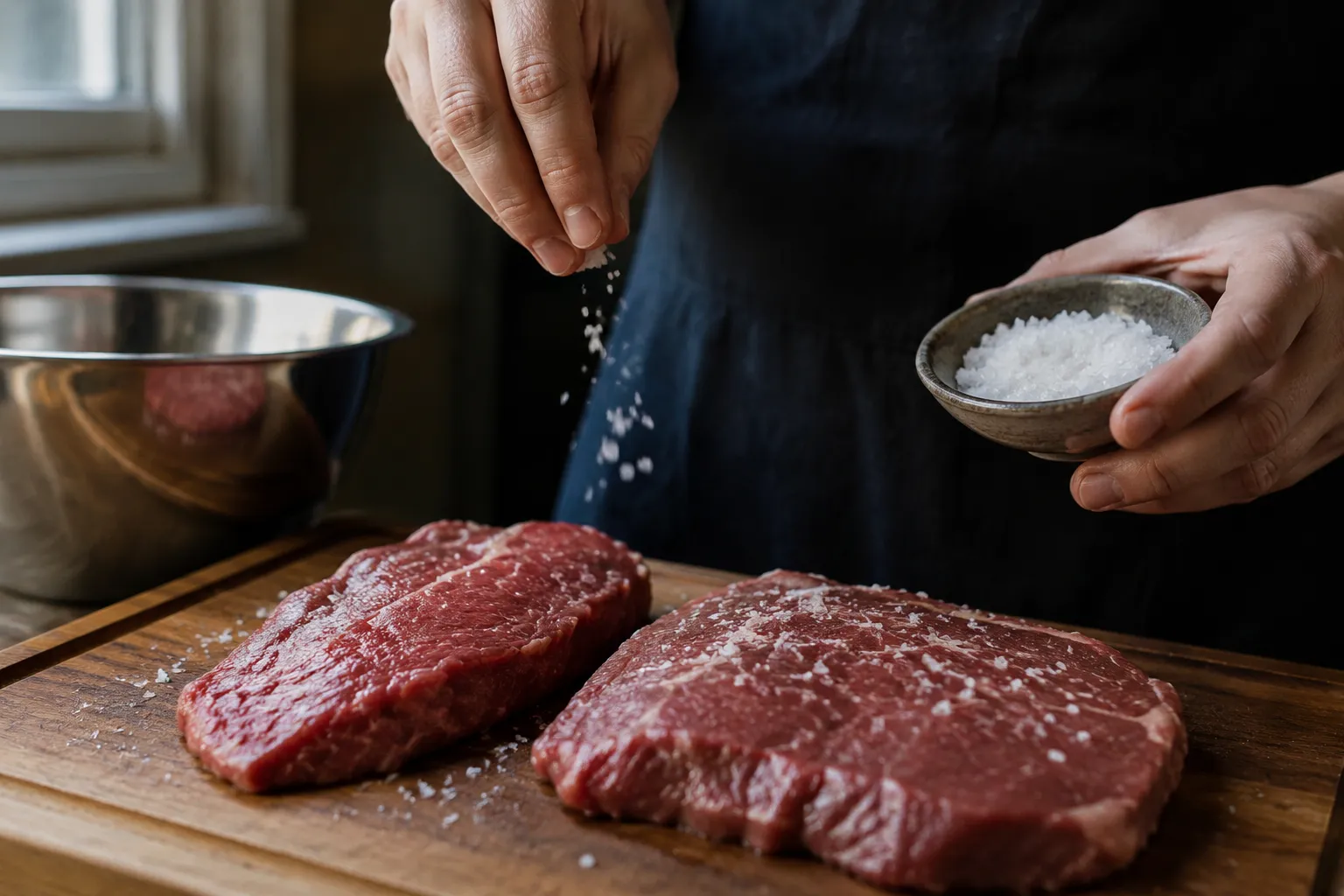 Hands seasoning raw flat iron steak with kosher salt before searing