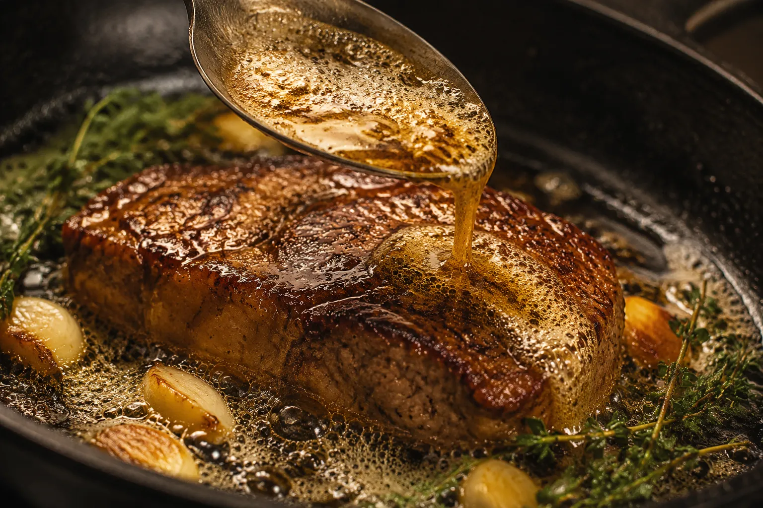Basting flat iron steak with garlic herb butter in cast iron skillet