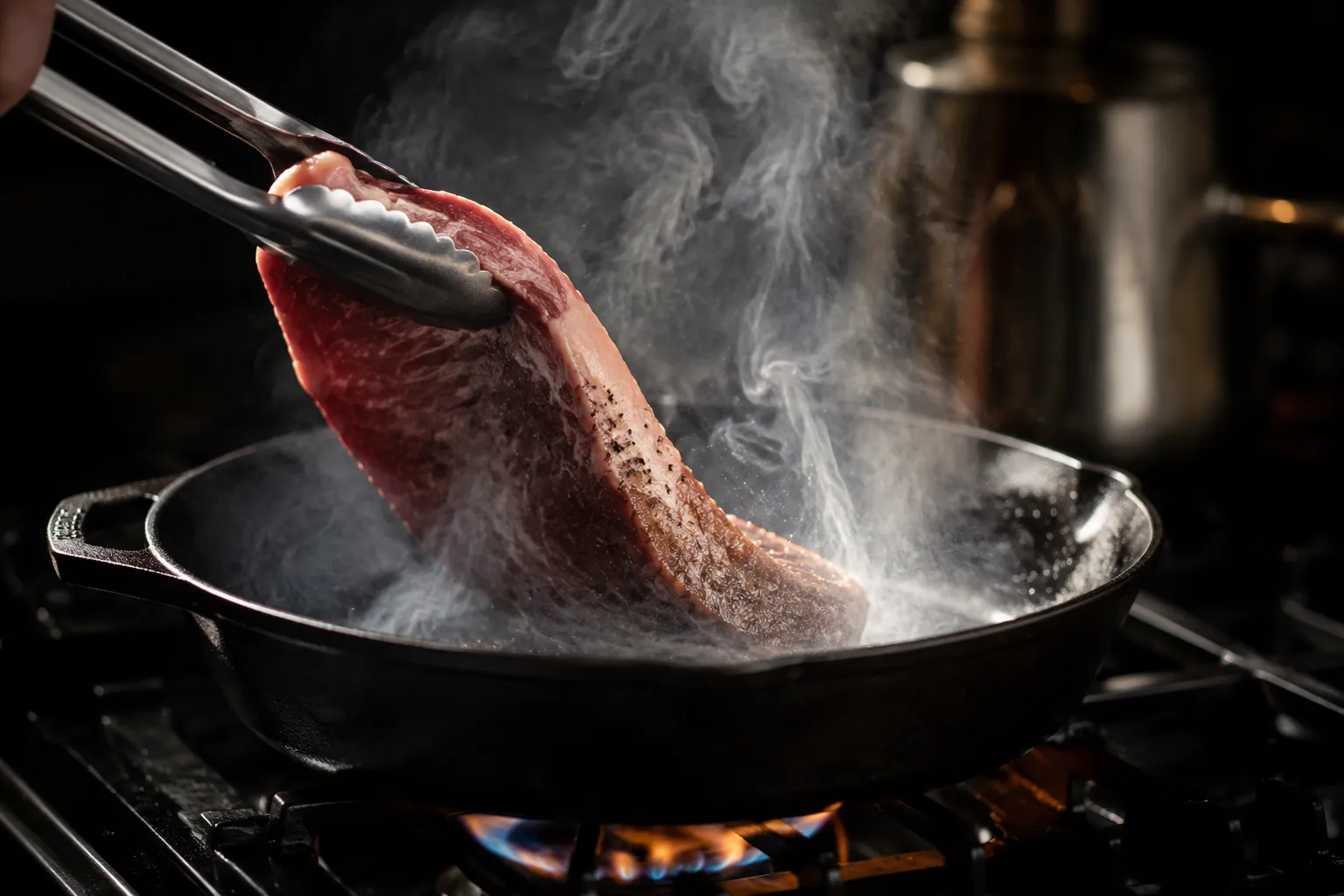 Flat iron steak searing in a hot cast iron skillet with rising steam