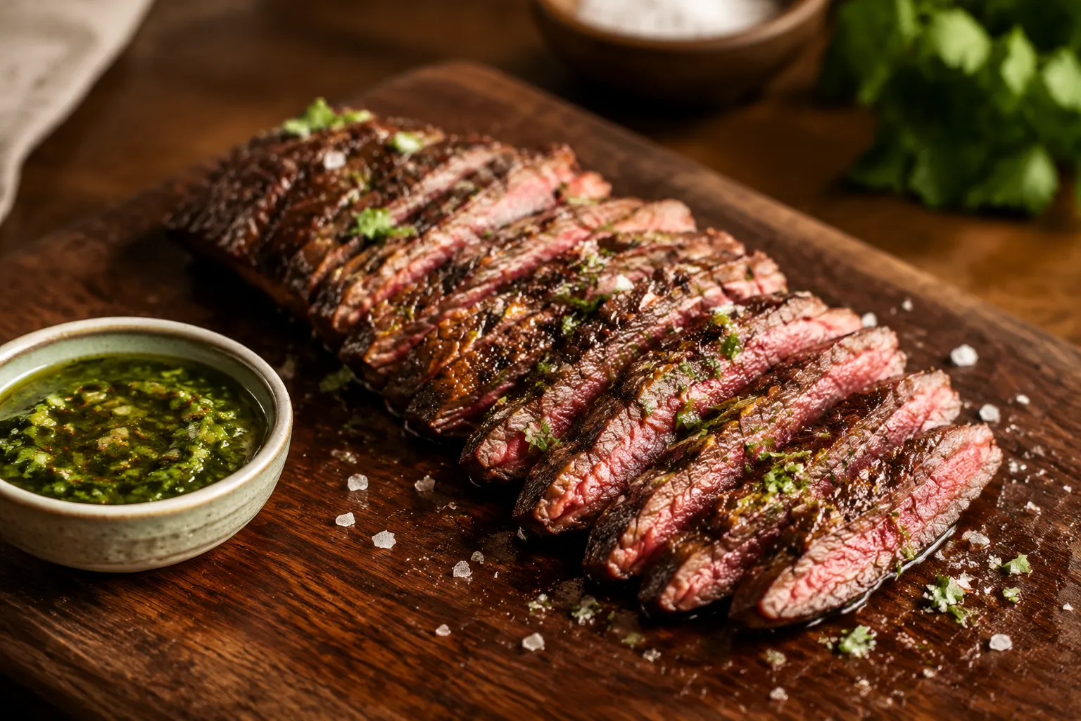 Sliced flat iron steak recipe fanned on cutting board against the grain