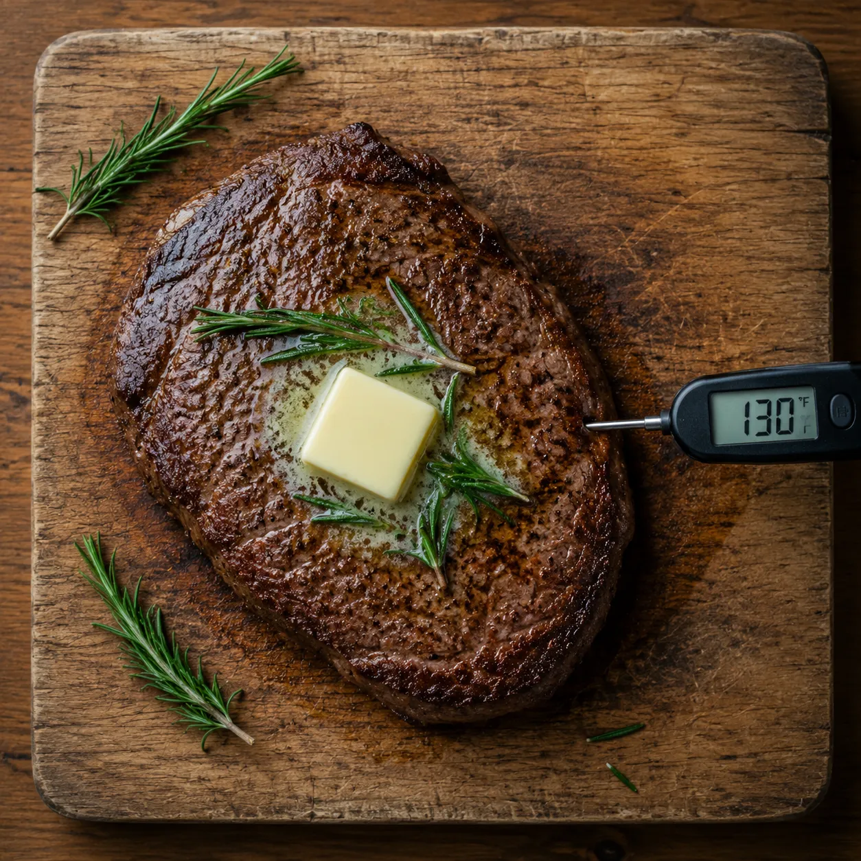 Resting cooked flat iron steak with meat thermometer reading medium-rare