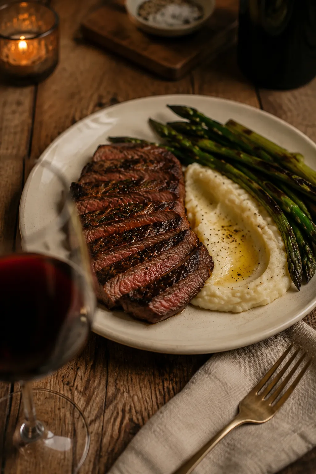 Flat iron steak dinner plated with mashed potatoes and asparagus