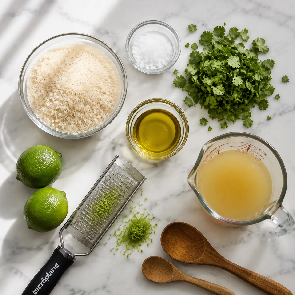 Cilantro lime rice ingredients flatlay with rice, limes, cilantro, and olive oil