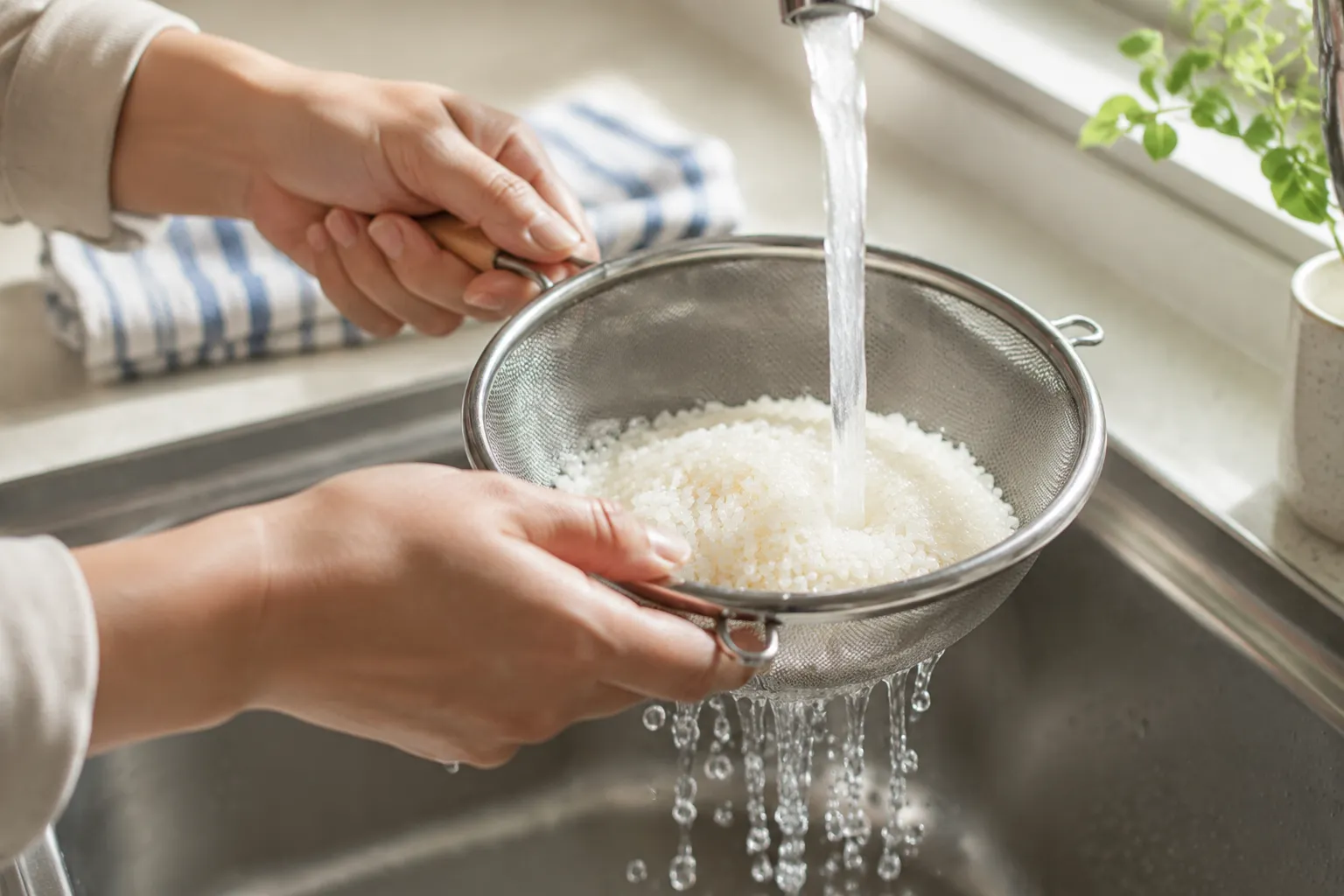 Rinsing long-grain white rice for cilantro lime rice recipe