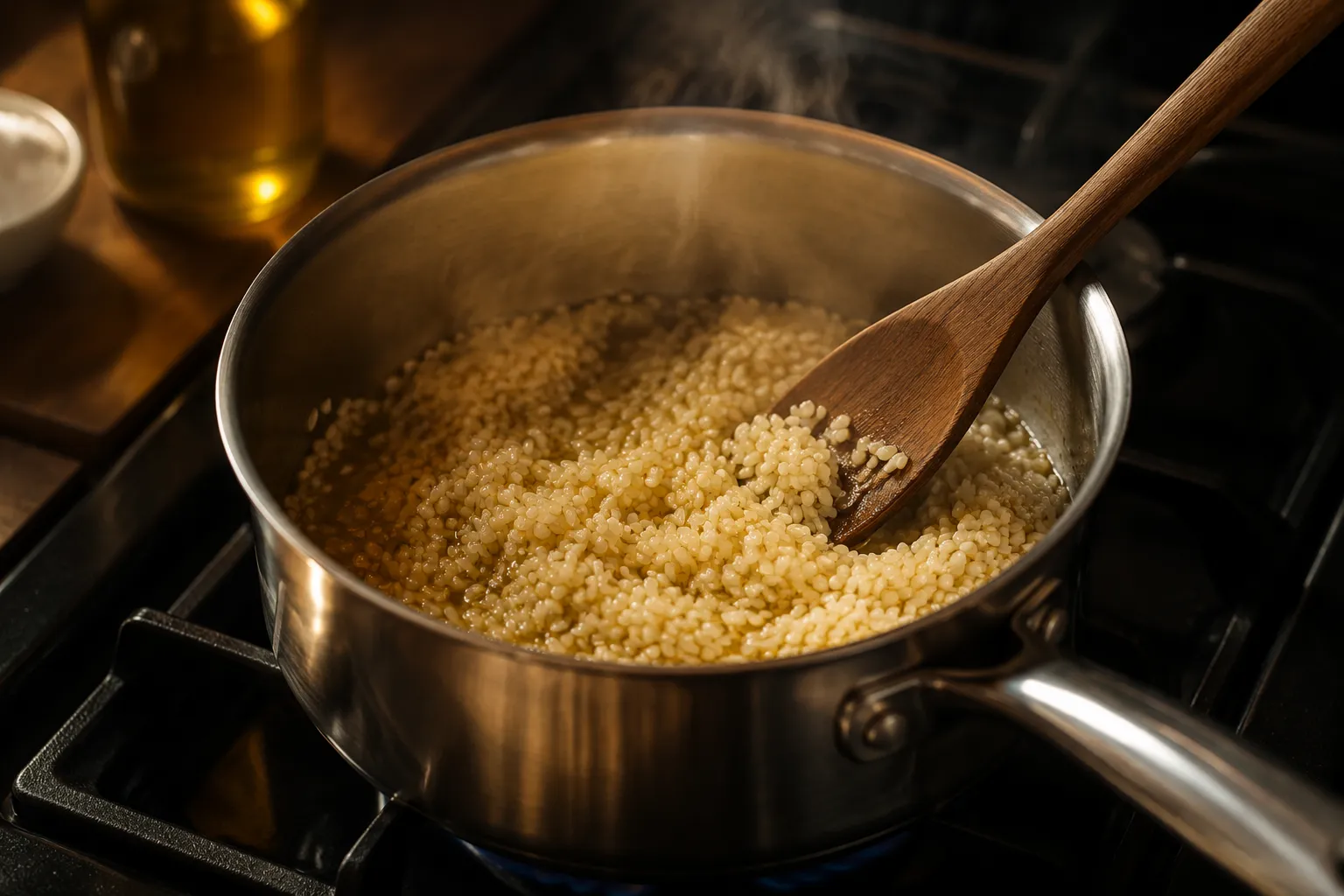 Toasting rice in olive oil to make fluffy cilantro lime rice