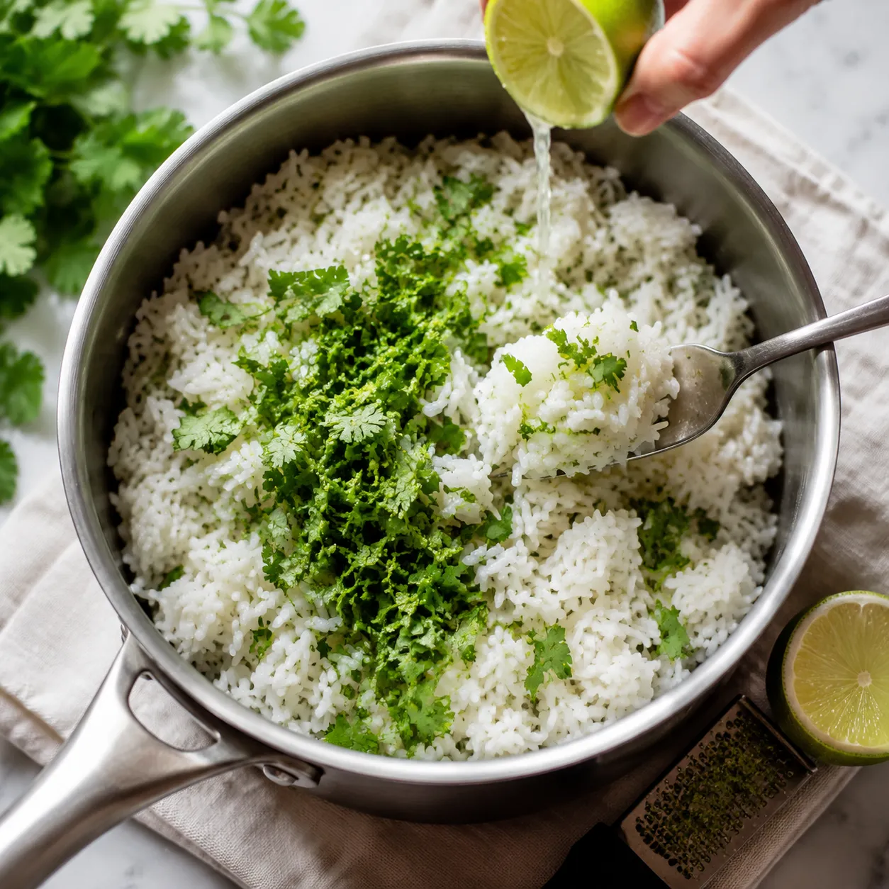 Folding fresh cilantro and lime juice into cooked rice