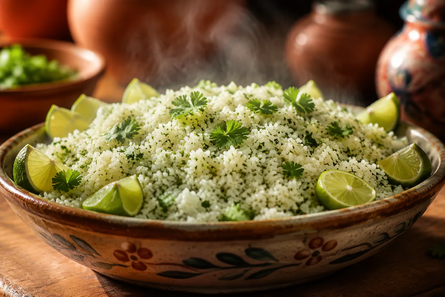 Finished cilantro lime rice recipe in a serving bowl with lime wedges