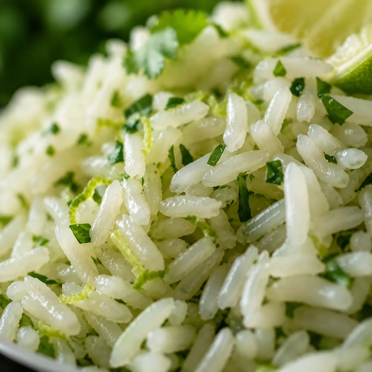 Close-up macro of fluffy cilantro lime rice grains with lime zest