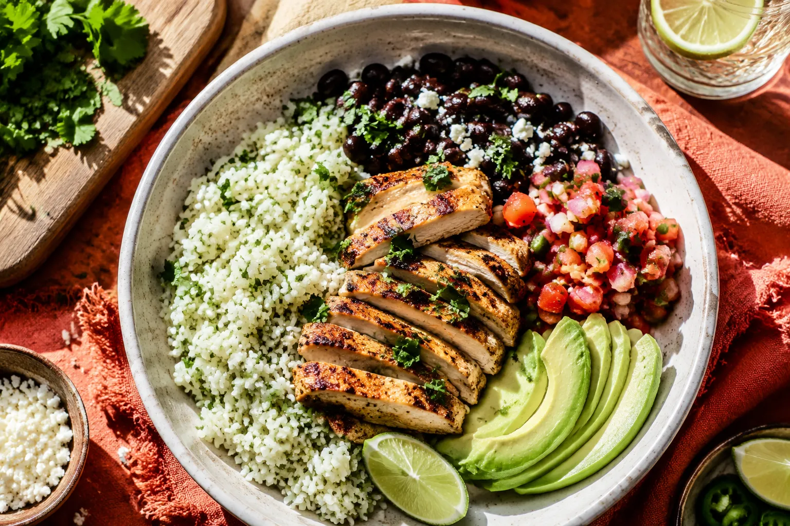 Cilantro lime rice served in a Chipotle-style burrito bowl with chicken and black beans