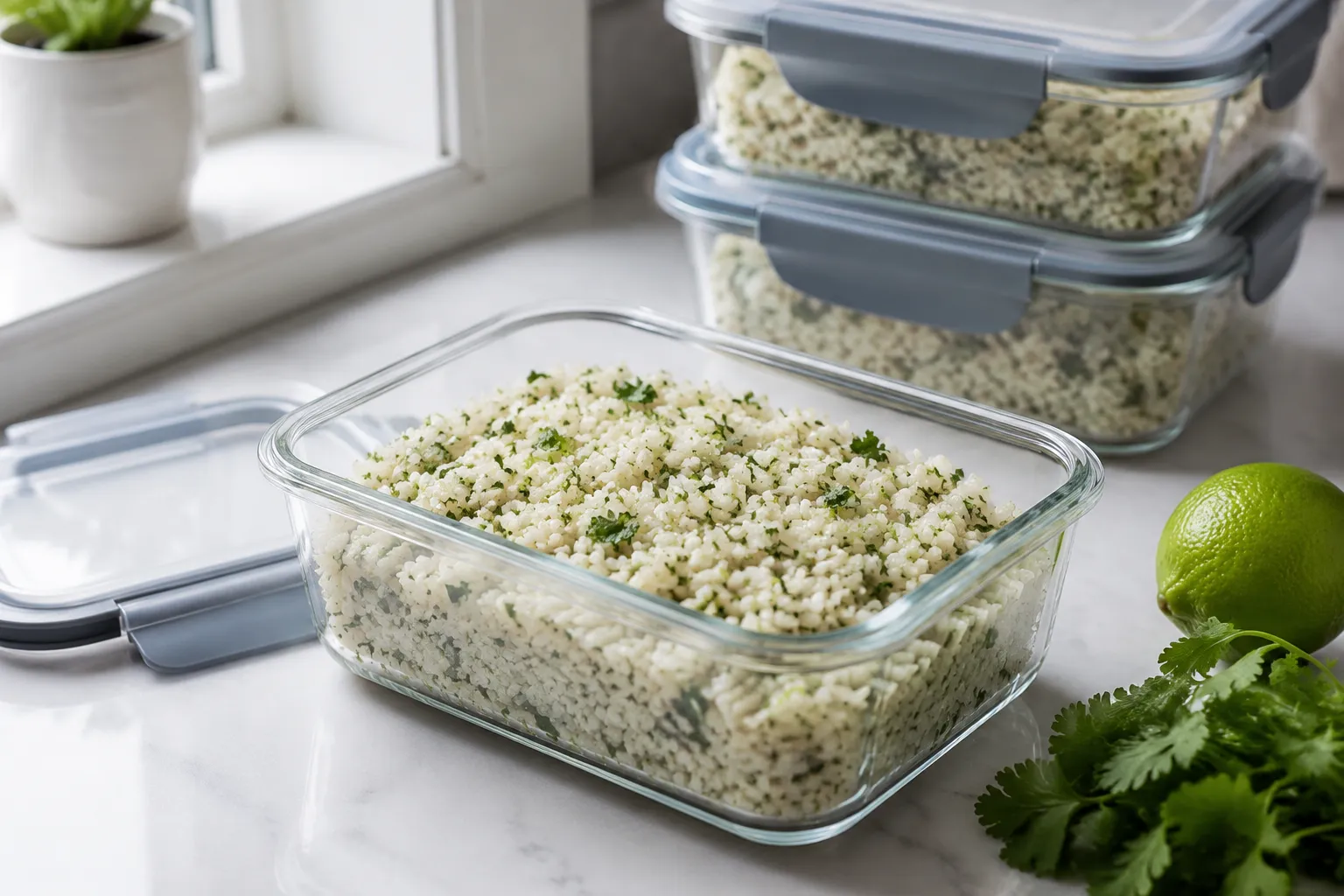 Storing leftover cilantro lime rice in a glass meal-prep container