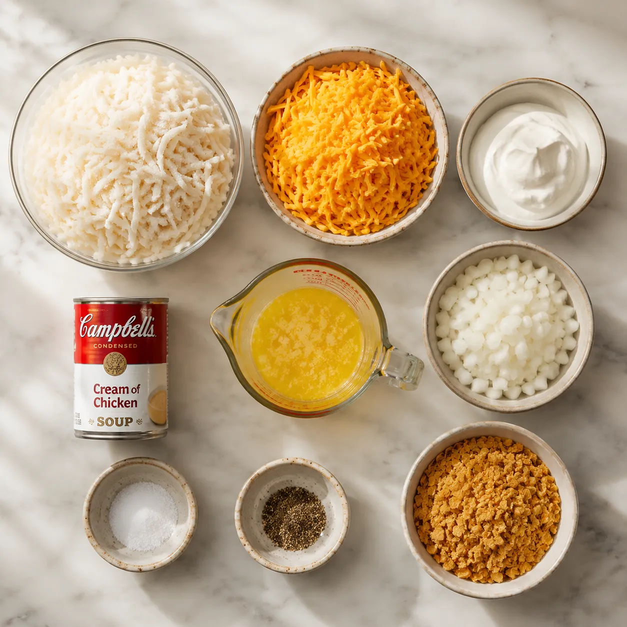 Hash brown casserole ingredients flatlay with frozen hash browns, cheddar, sour cream, and butter