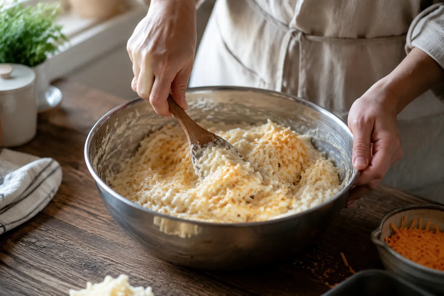 Mixing creamy cheesy hashbrown casserole filling in a stainless steel bowl