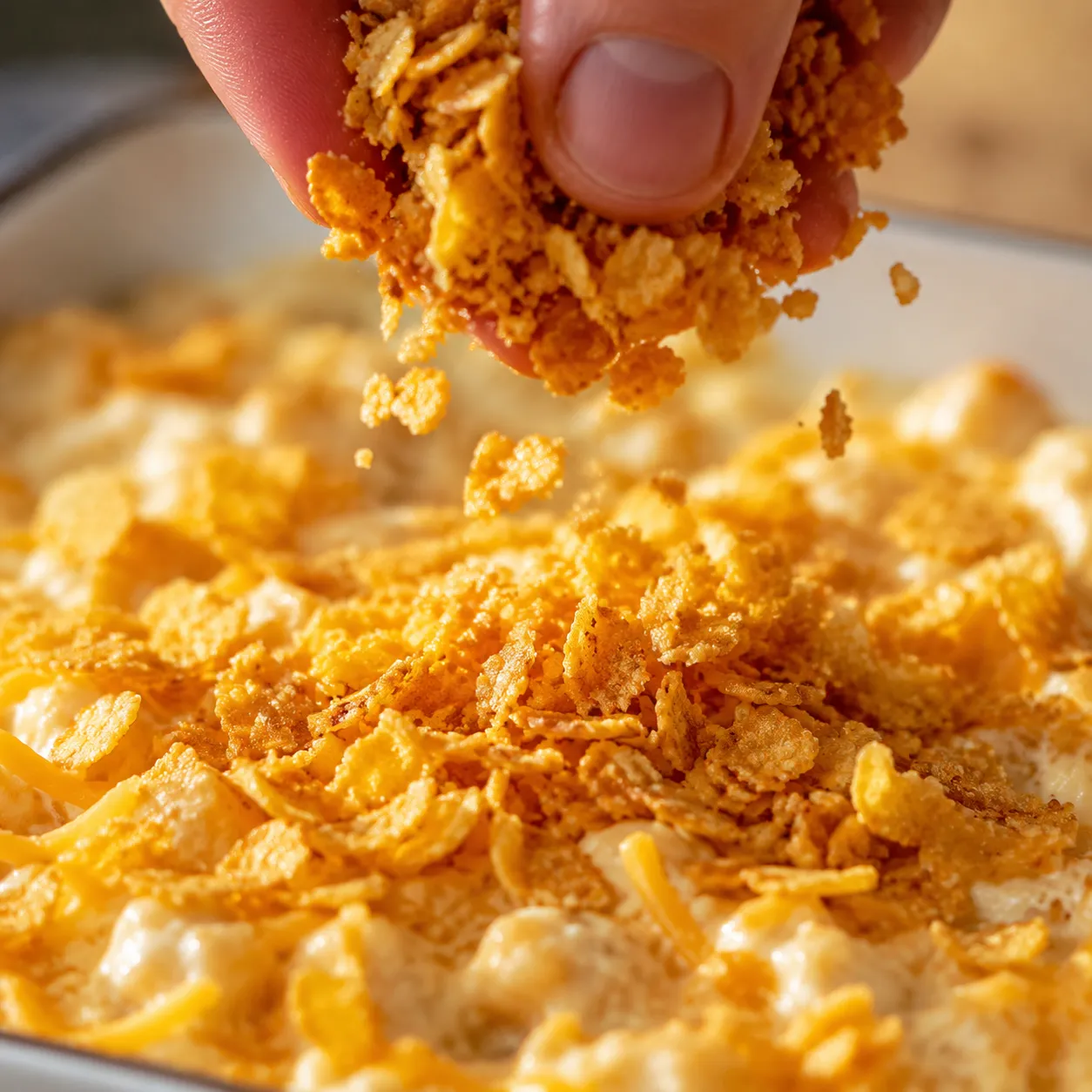 Buttery cornflake topping sprinkled over cheesy hashbrown casserole before baking