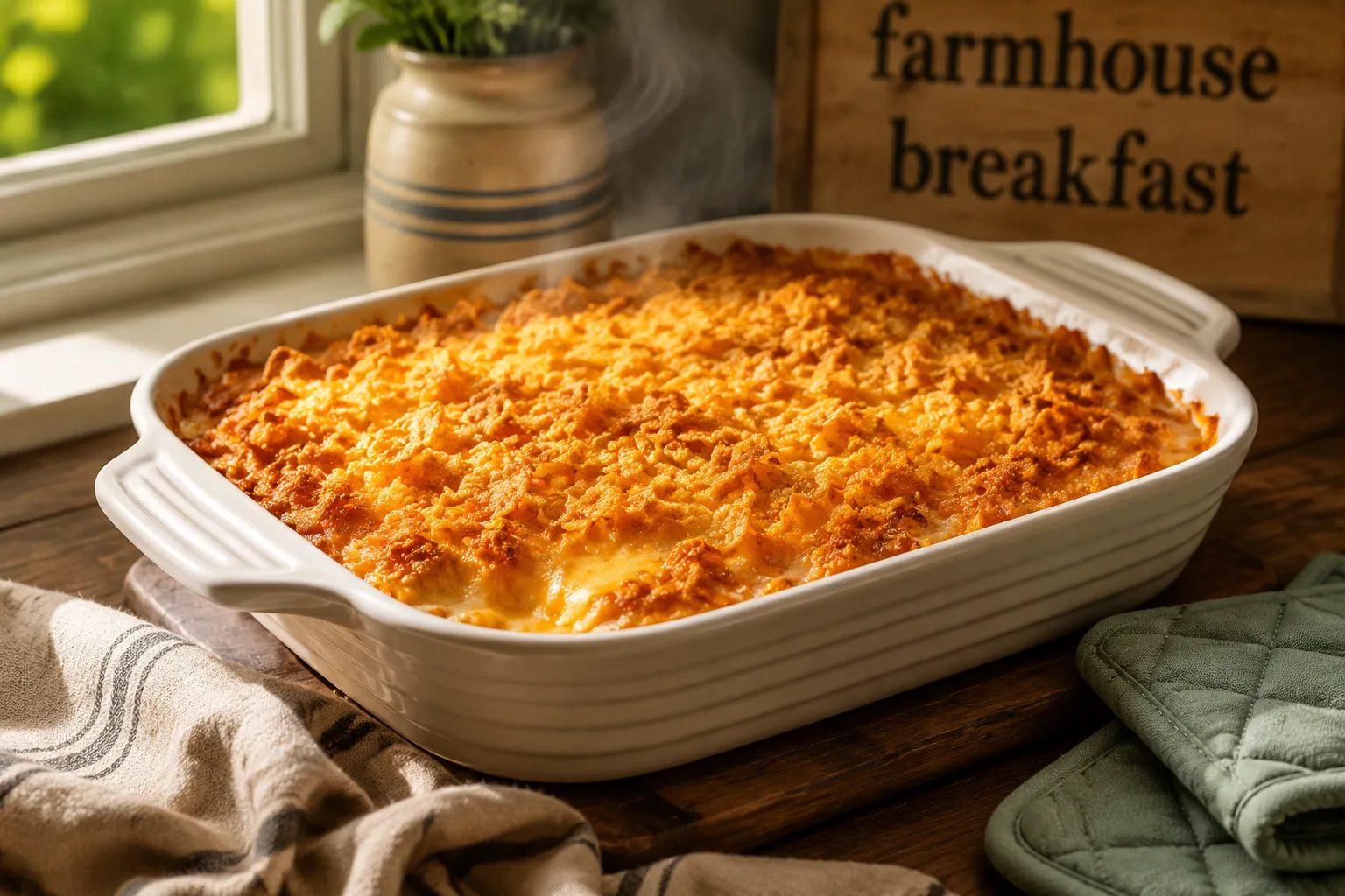 Baked cheesy hashbrown casserole with golden bubbly cornflake crust
