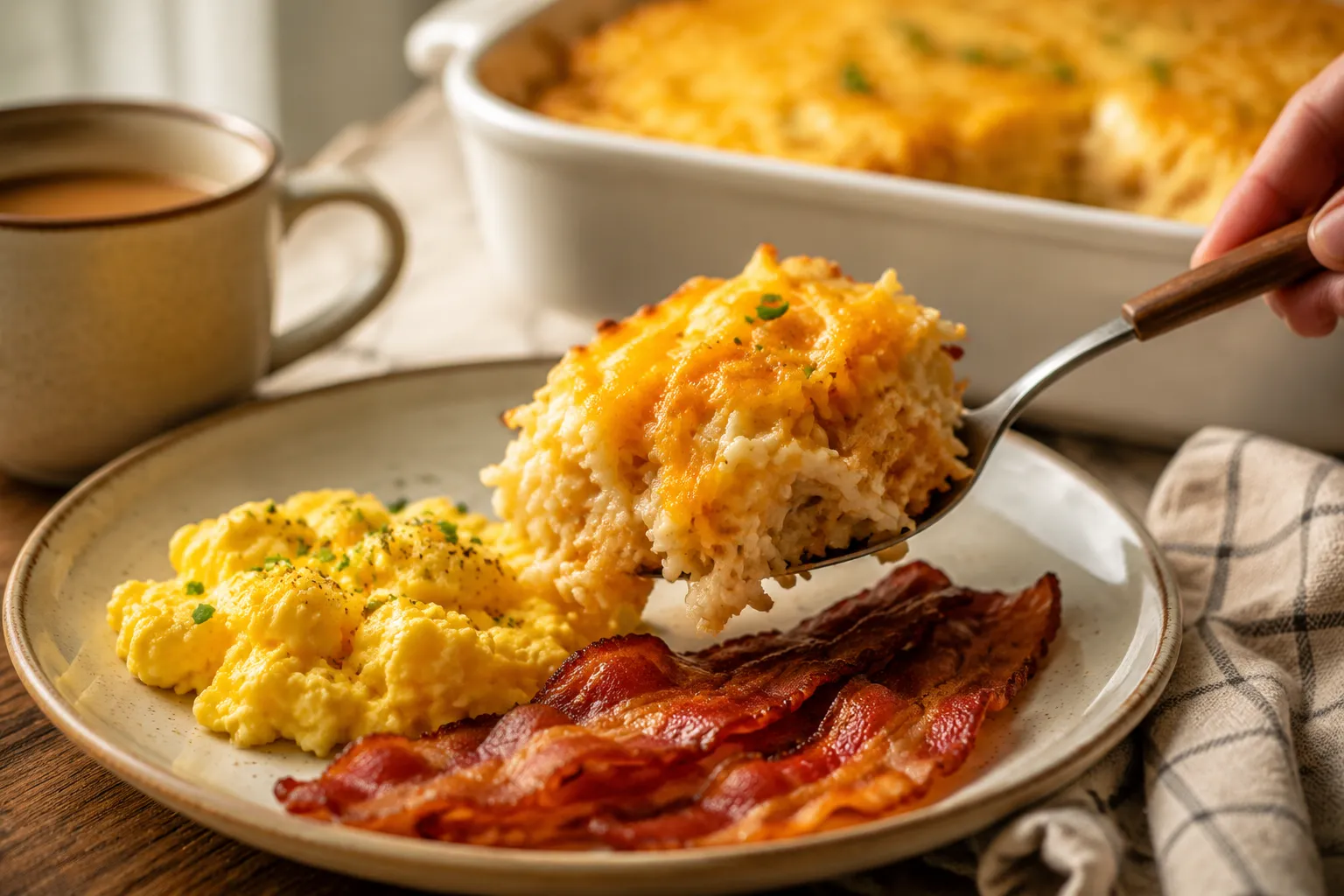Serving cheesy hashbrown breakfast casserole on a plate with eggs and bacon