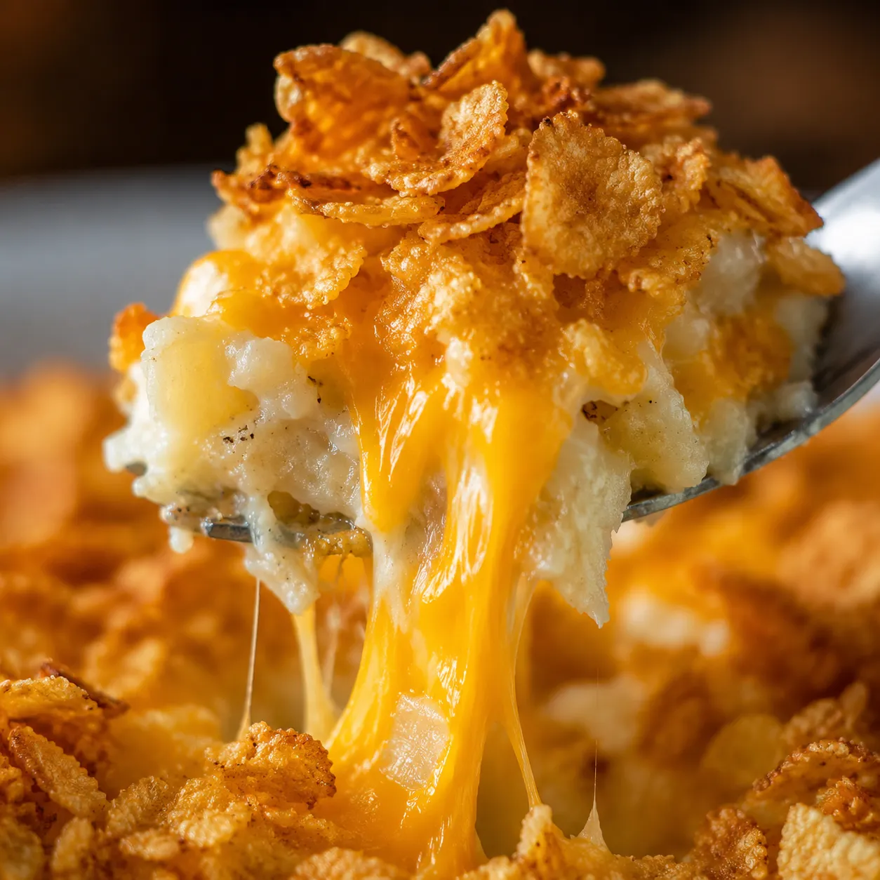 Close-up of cheesy hashbrown casserole forkful with melted cheddar pull