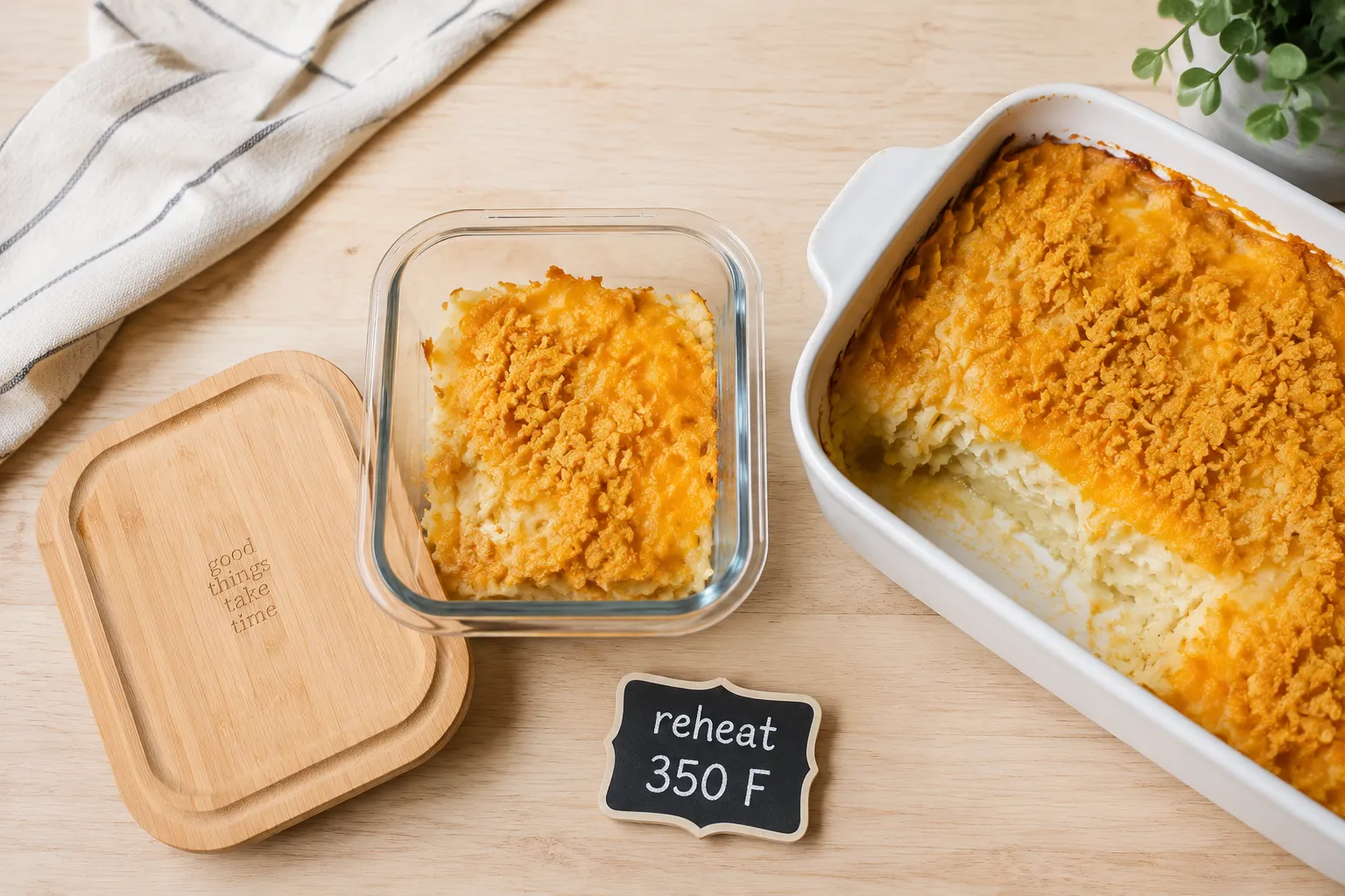 Leftover hashbrown casserole stored in a glass container for make-ahead breakfast