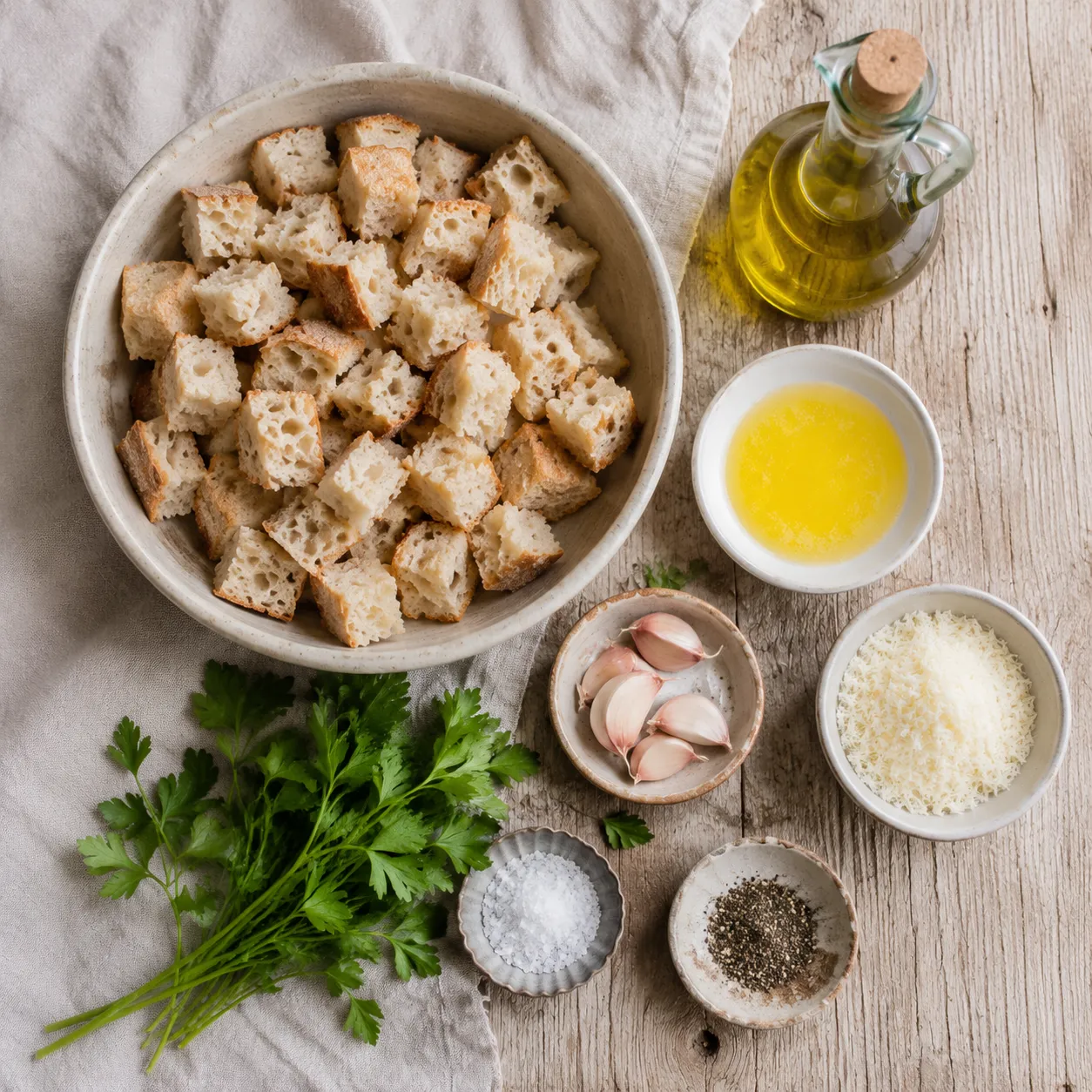Ingredients for sourdough bread and crouton recipe arranged overhead