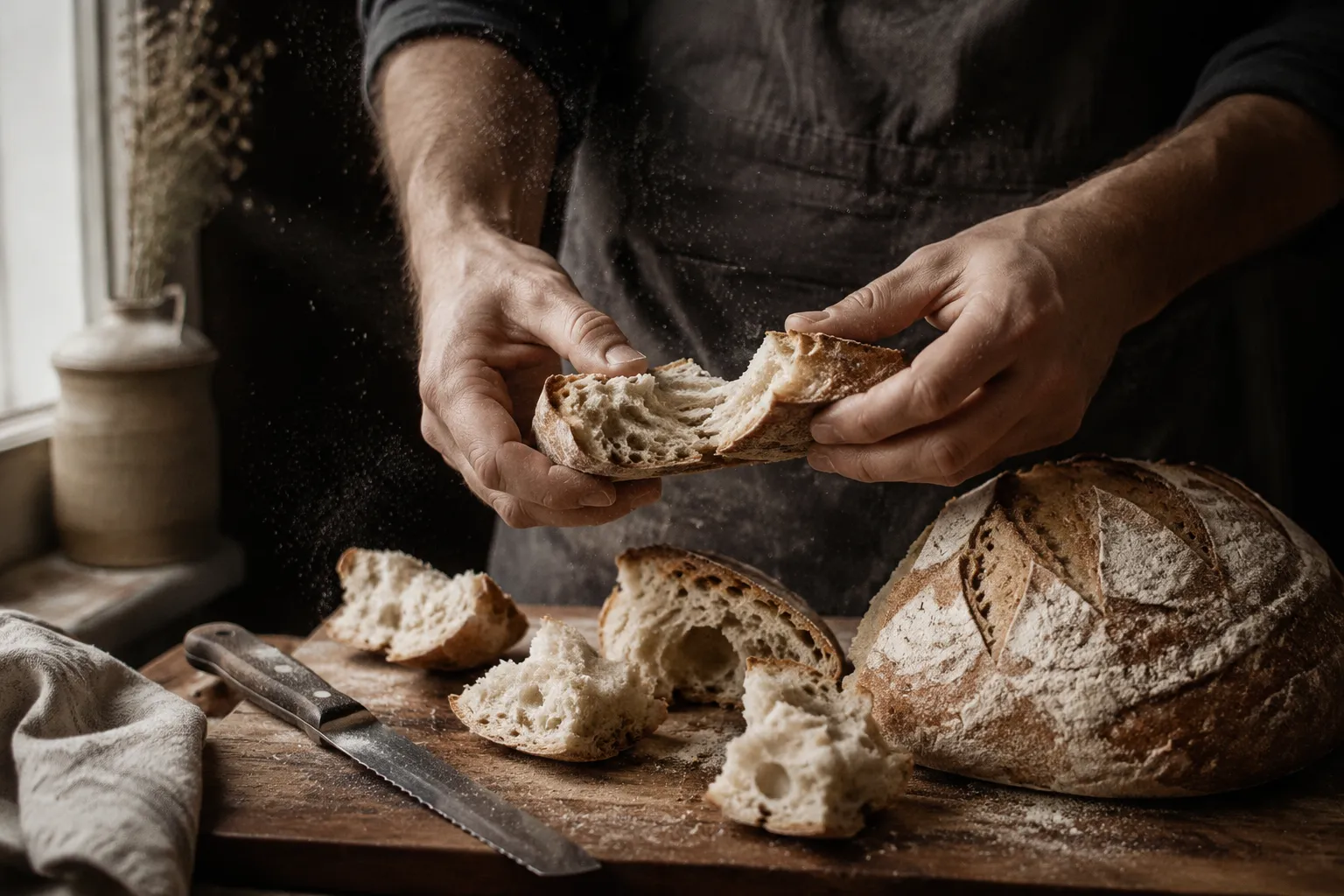 Hands tearing sourdough bread and cubing it for croutons