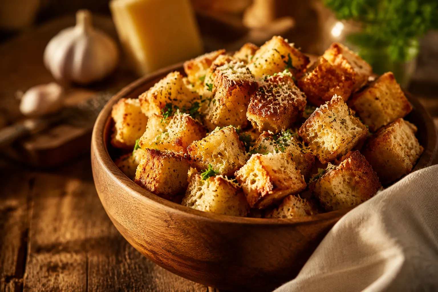 Crispy golden sourdough bread and garlic Parmesan croutons in a wooden bowl