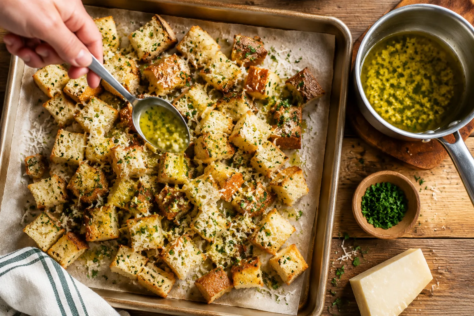 Sourdough bread and garlic butter tossed on a sheet pan