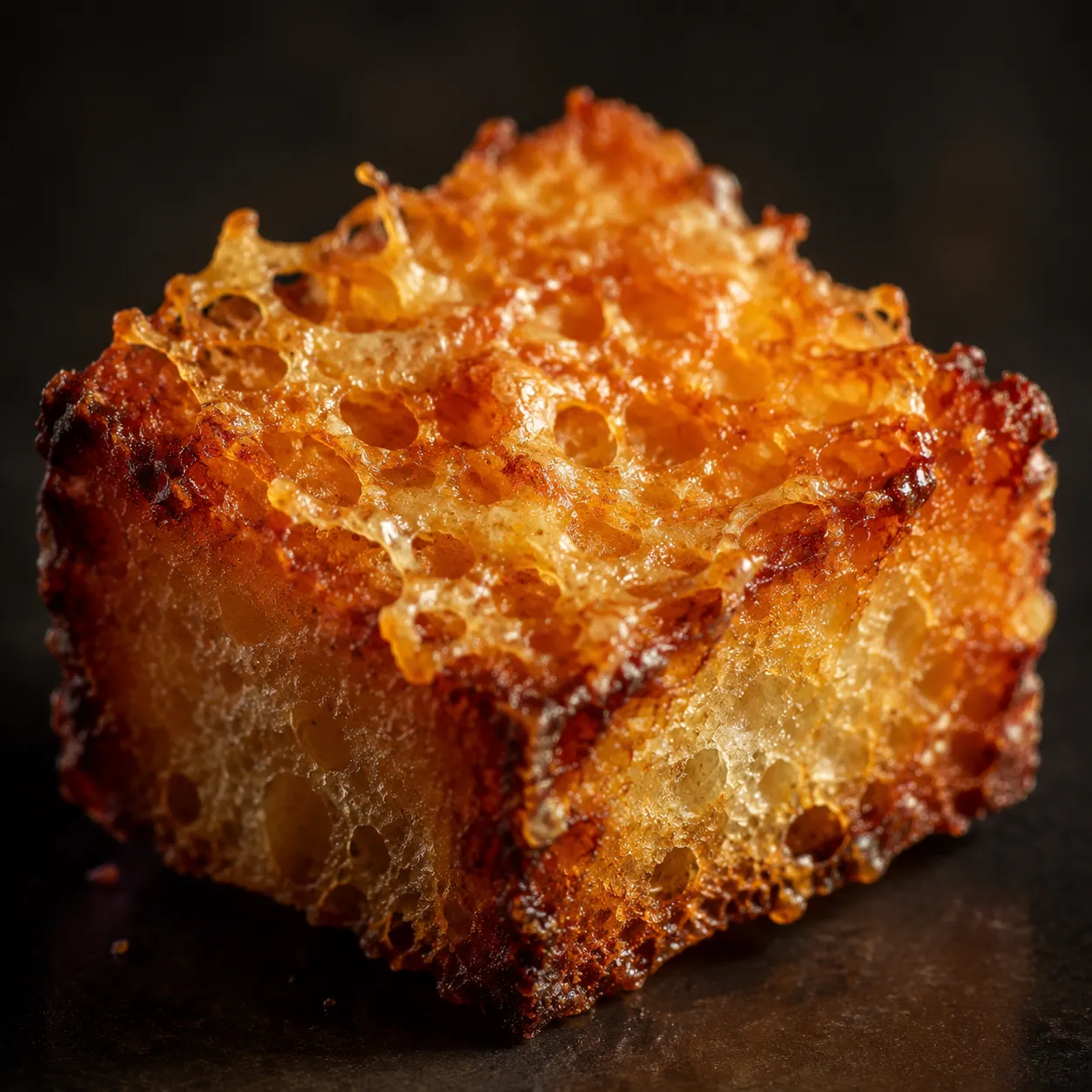 Macro close-up of a sourdough bread and Parmesan crouton