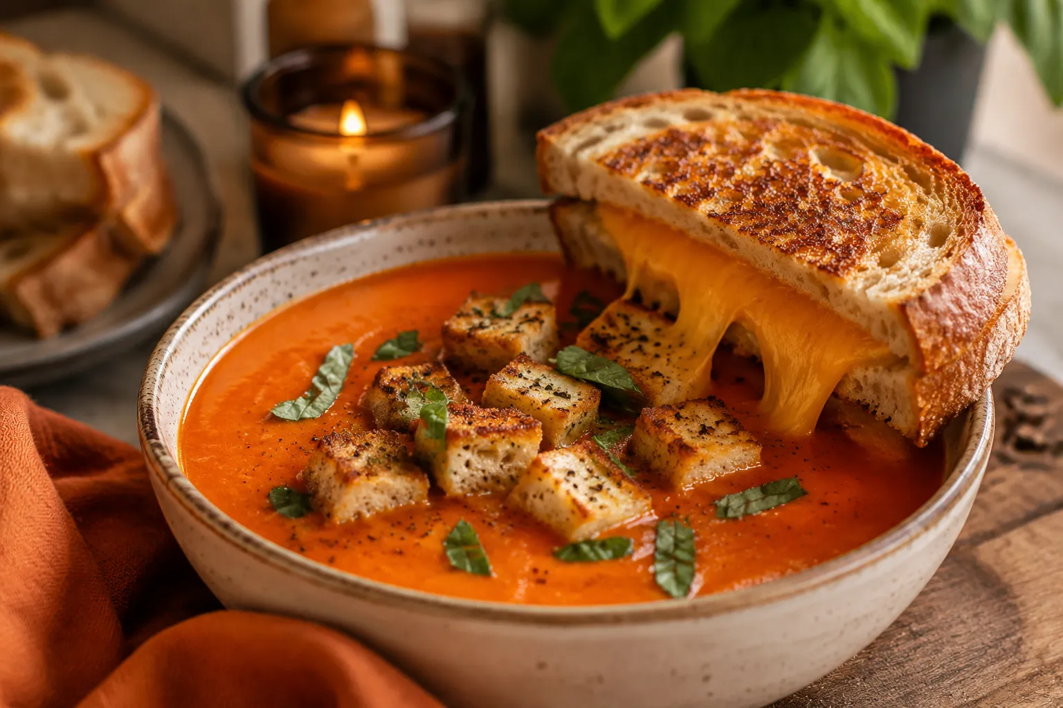 Tomato soup with sourdough bread and croutons and grilled cheese