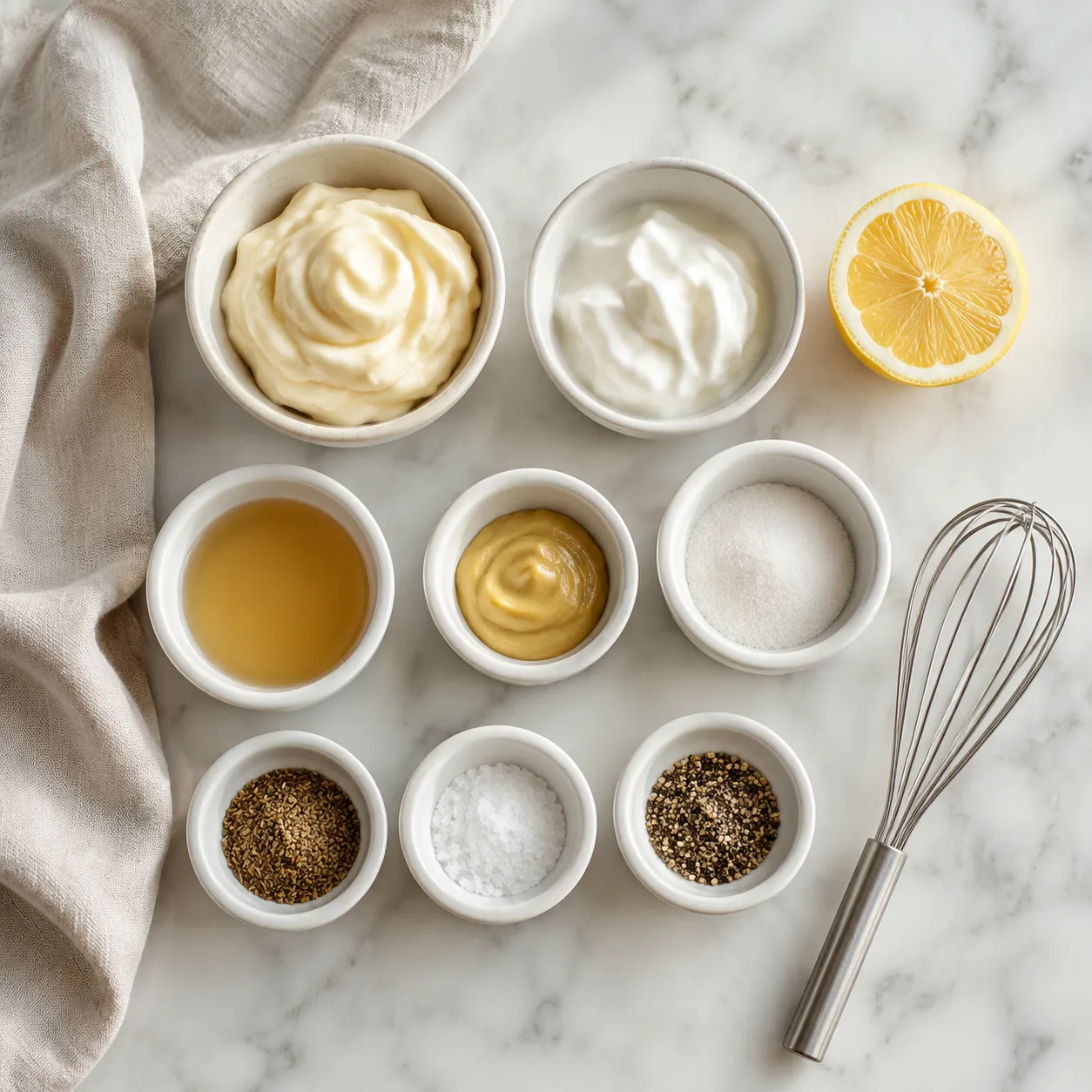 Coleslaw dressing ingredients flatlay including mayo, vinegar, Dijon, and celery seed