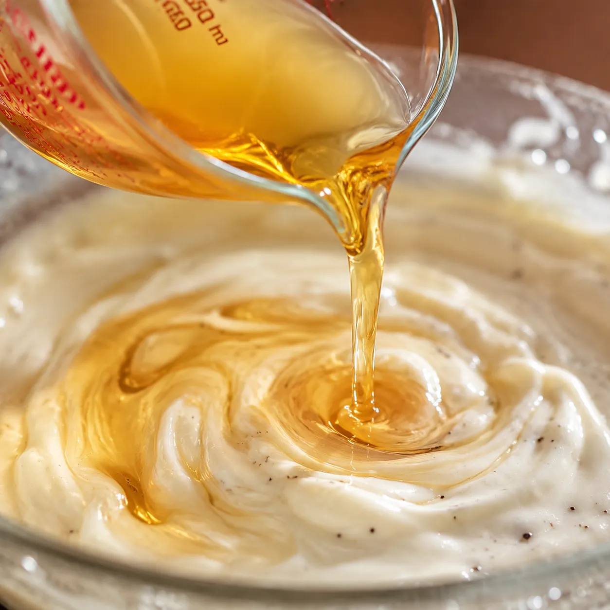 Apple cider vinegar being whisked into creamy coleslaw dressing
