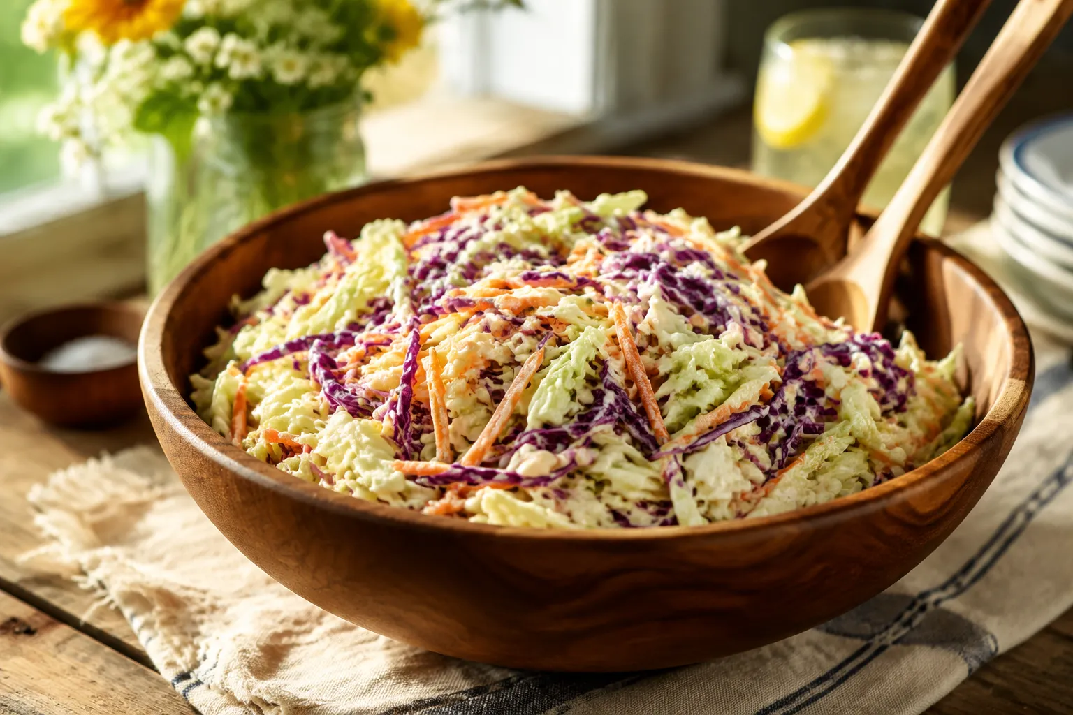 Creamy coleslaw tossed with homemade coleslaw dressing in a wooden bowl