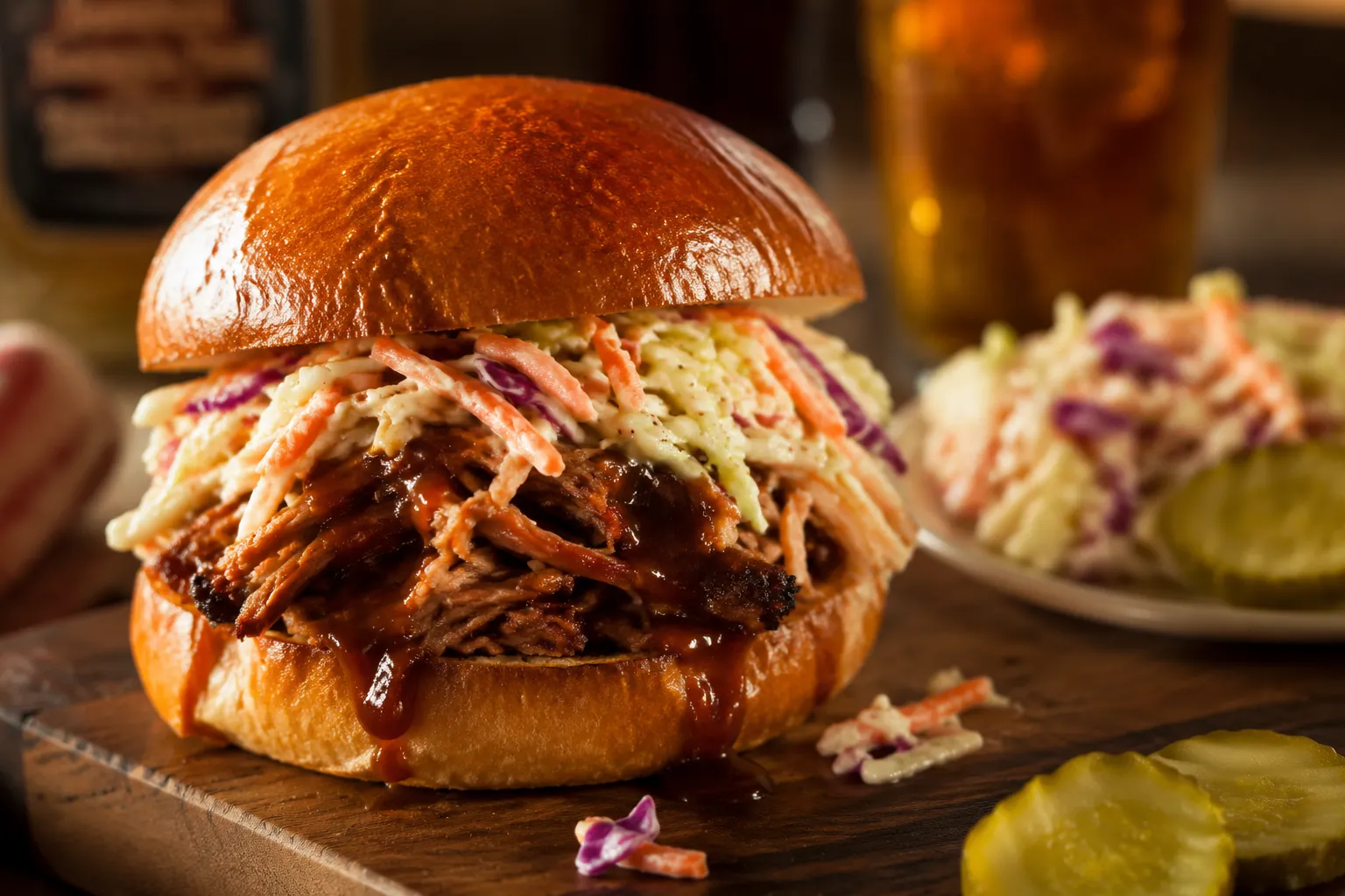Pulled pork sandwich topped with creamy coleslaw dressing slaw