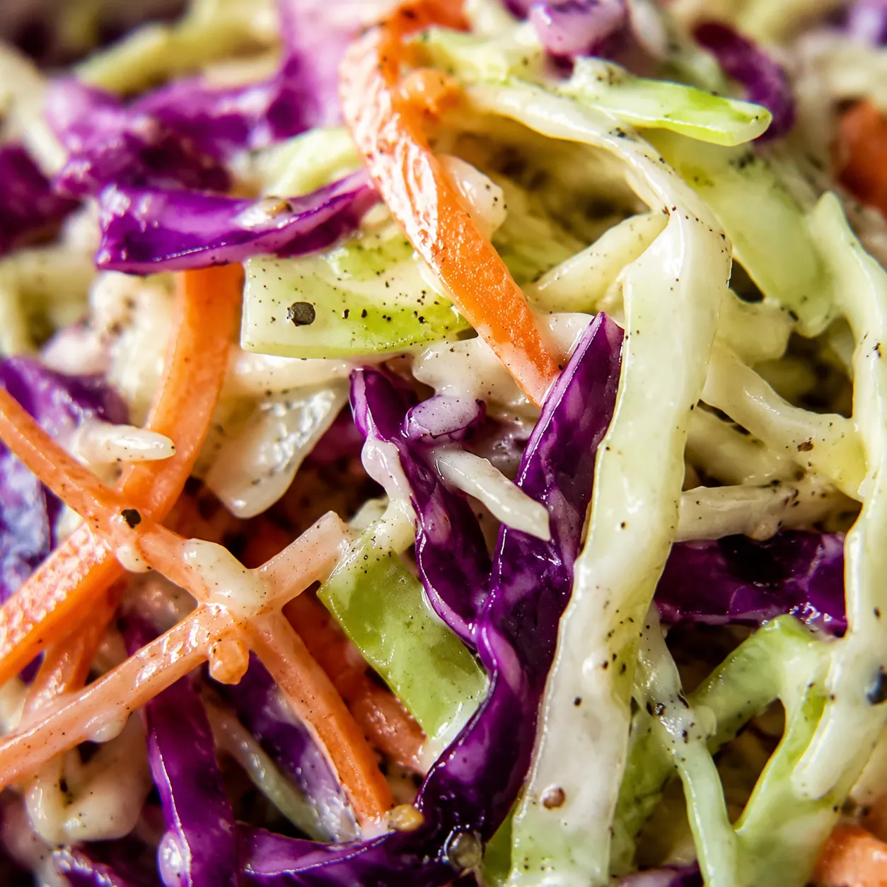 Close-up of cabbage strands coated in creamy coleslaw dressing