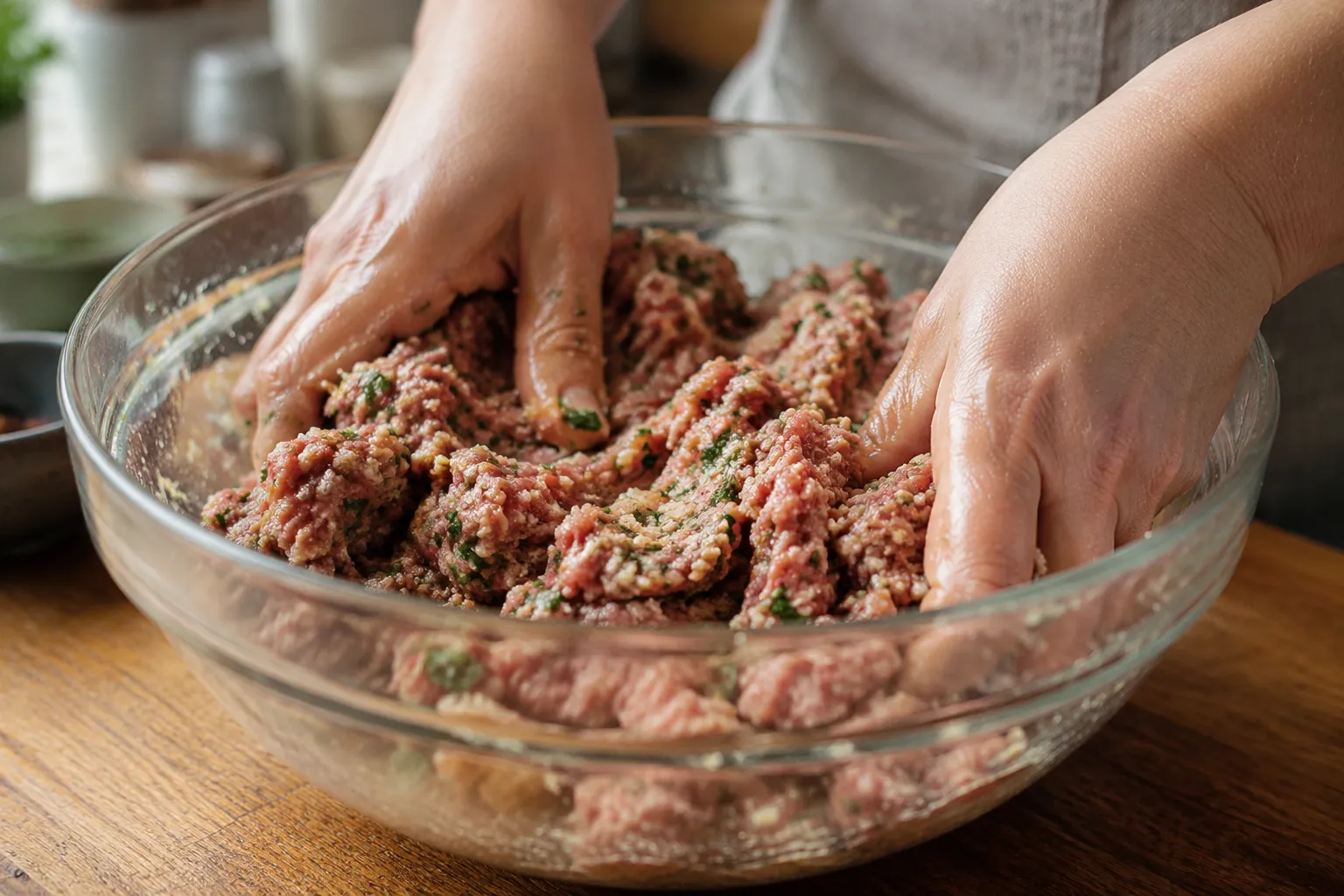Hands mixing Italian meatball ingredients in a glass bowl