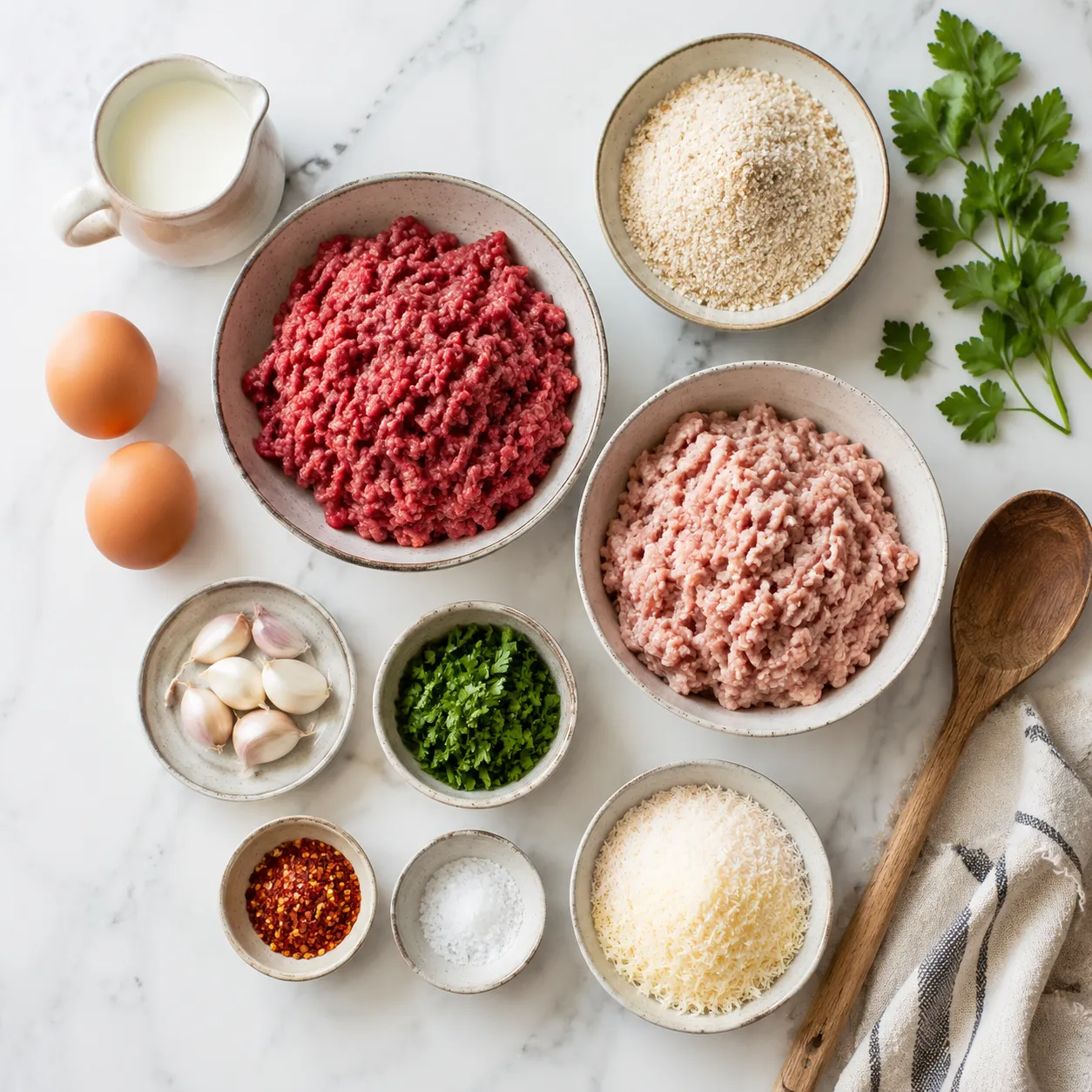 Italian meatball recipe ingredients flatlay with beef, pork, Parmesan and herbs