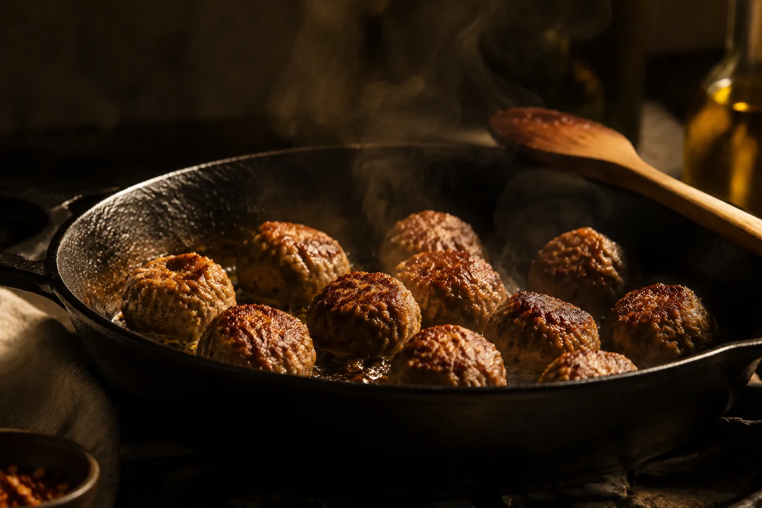 Italian meatballs searing in a cast-iron skillet with golden crust