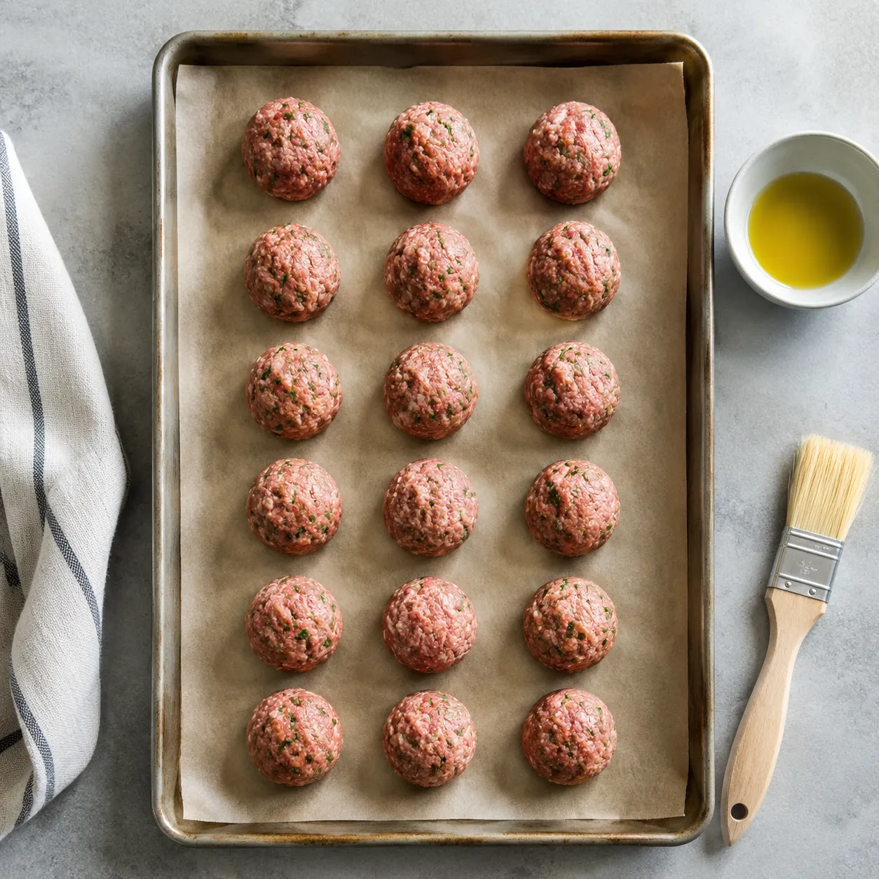 Raw Italian meatballs portioned on a parchment-lined baking sheet