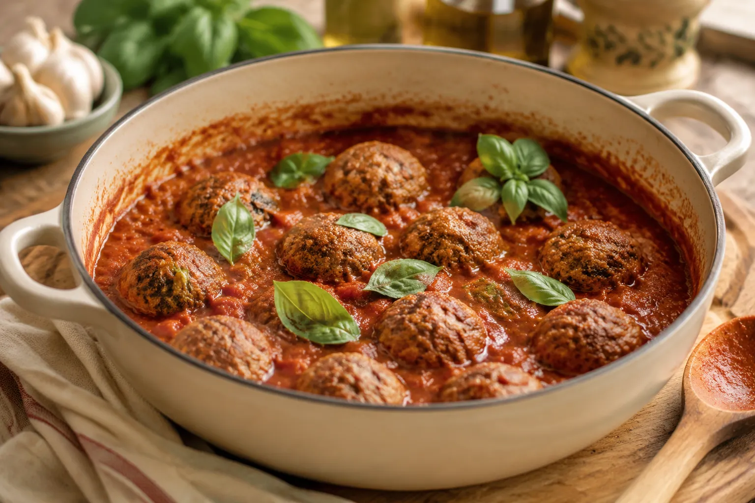 Italian meatball recipe simmering in marinara sauce in a Dutch oven