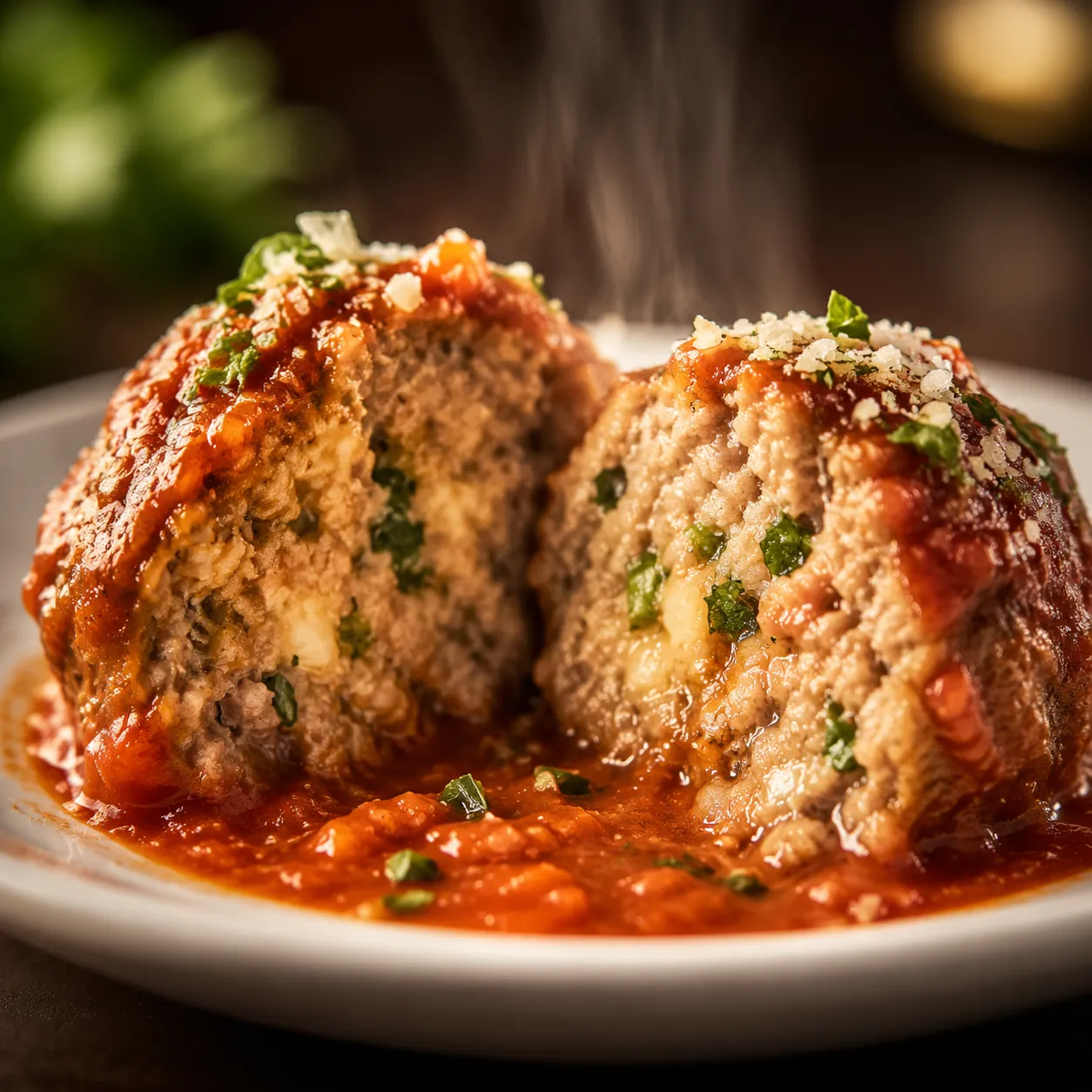 Cross-section close-up of a tender, juicy Italian meatball