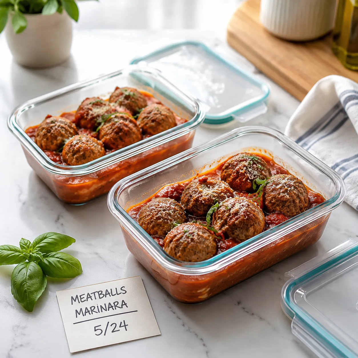 Italian meatballs stored in glass containers for meal prep and freezing