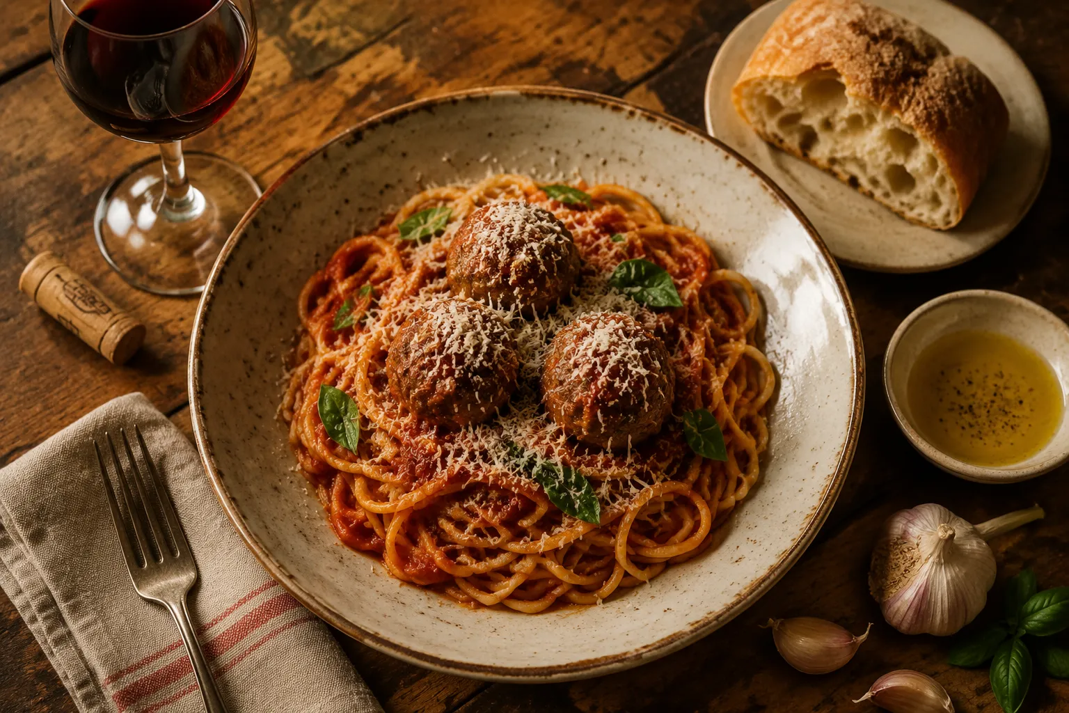 Spaghetti and Italian meatballs served with Parmesan and red wine