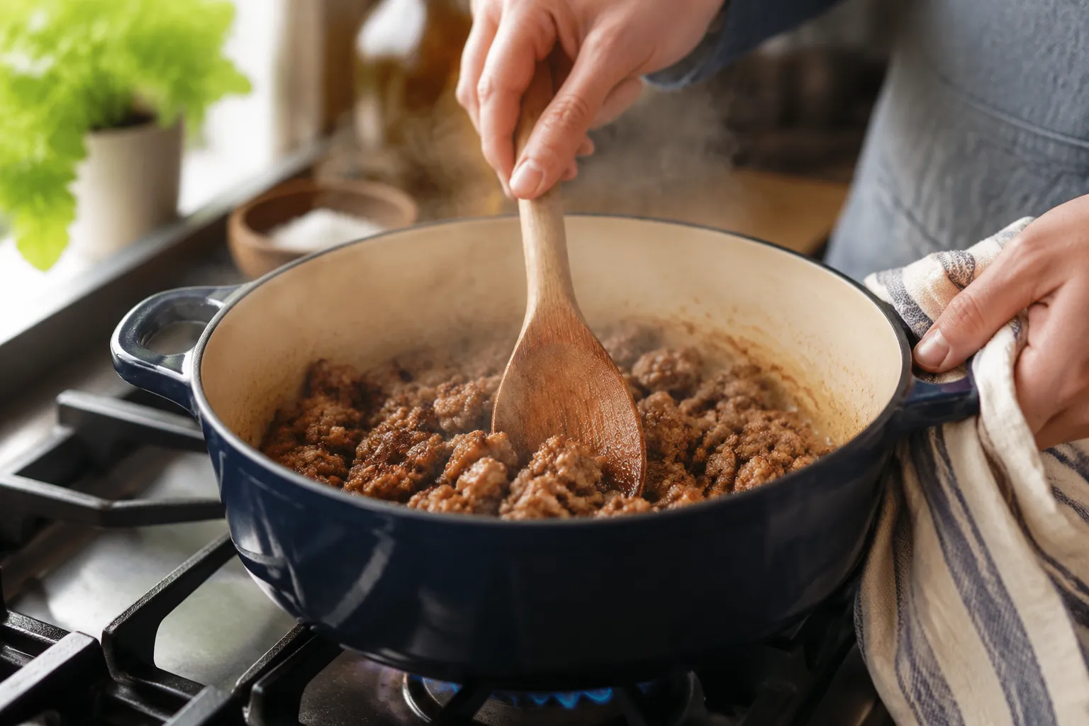 Browning Italian sausage in a Dutch oven for creamy tortellini soup